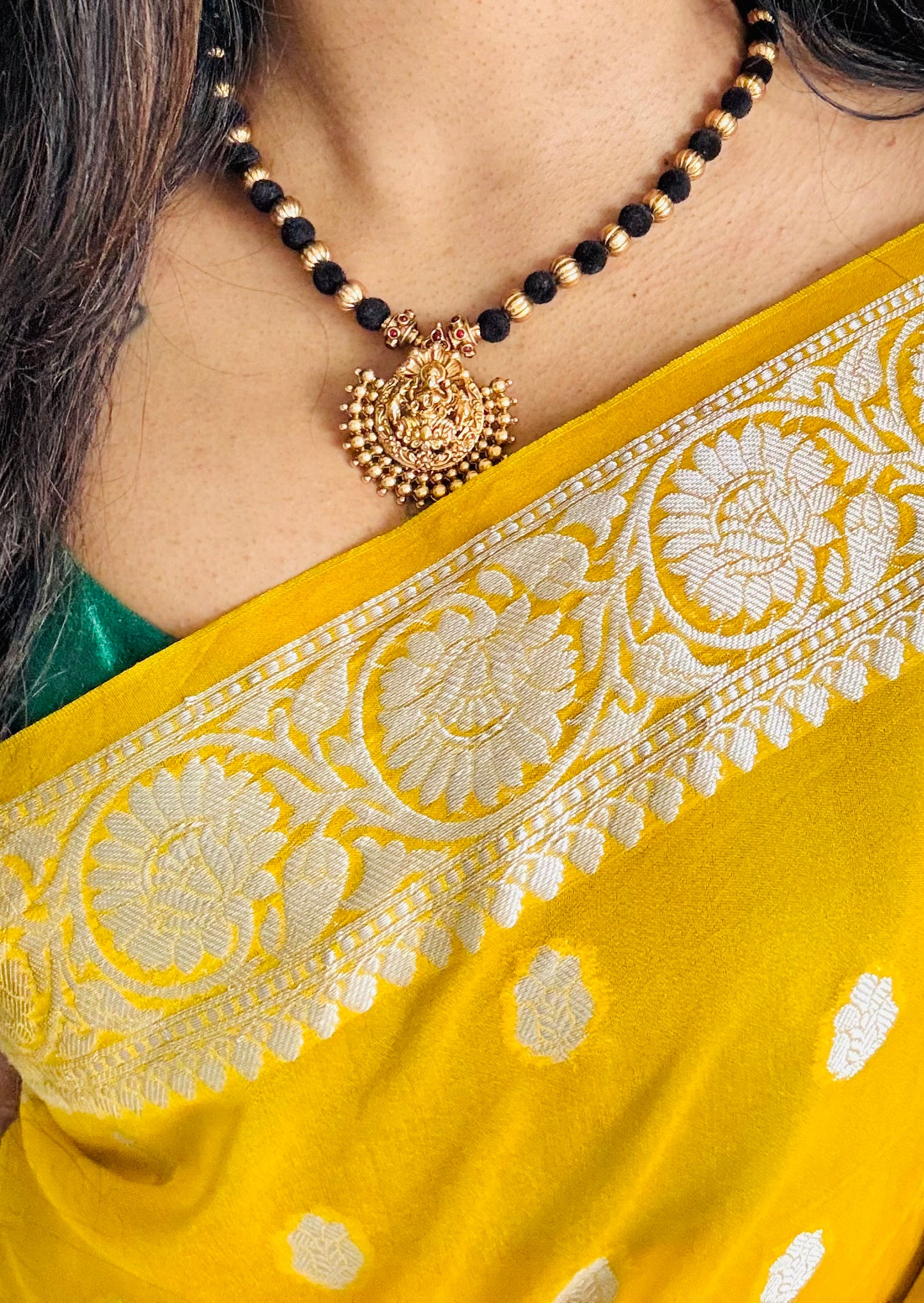 Black with gold beads, temple pendant in antique gold finish neckpiece - YCGPNP645