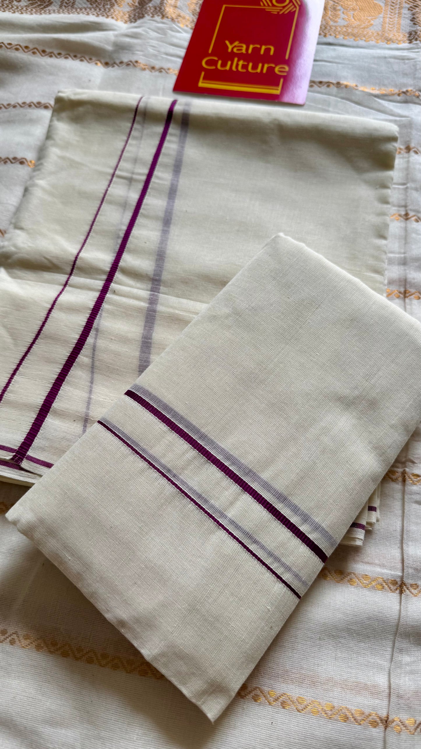 Set mund, kambikkara (thin border) with purple pink (vadamalli) coloured lines - YCIEON138