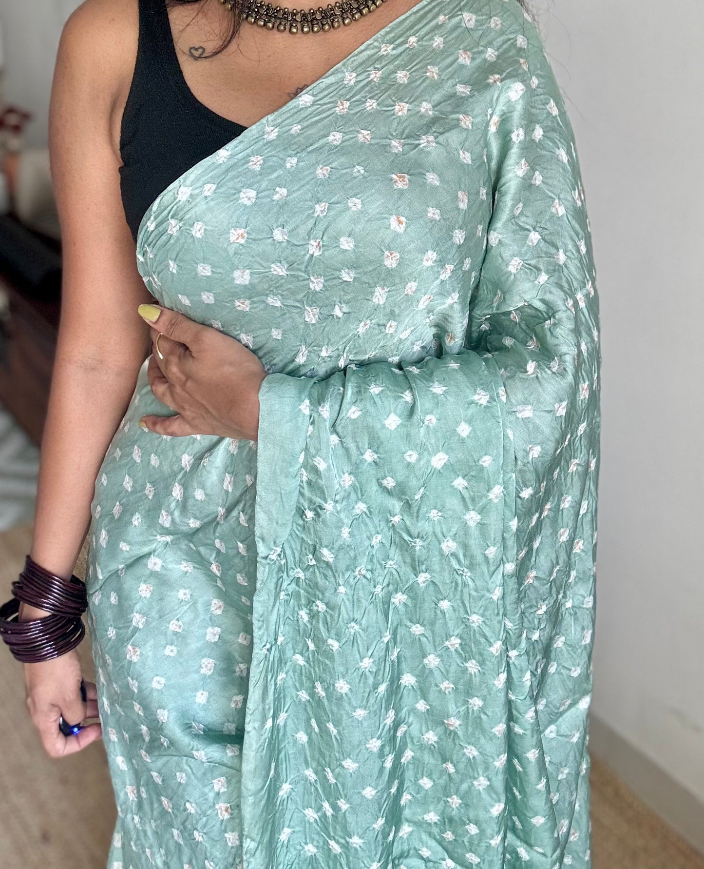 Pastel mint blue, crushed bandhej pure modal silk saree with lagdi patta zari pallu - YCTOKBM333
