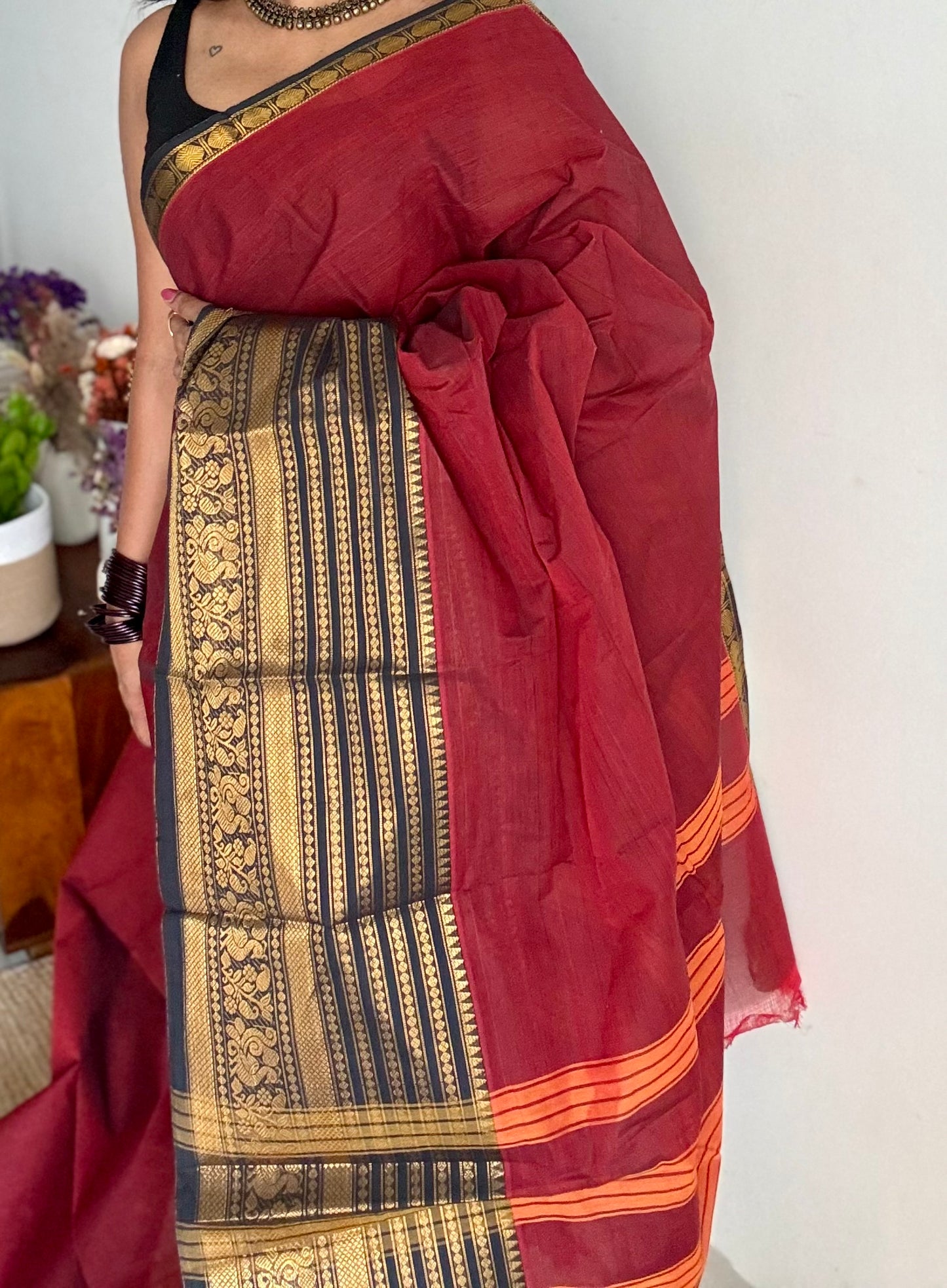 Kanchi cotton saree, dark red with black wide zari border - YCCOTNAP91
