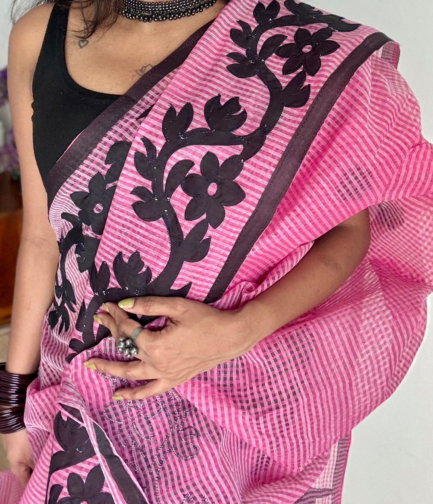 Gulaabi Drama - pink kota saree with black floral cut work - YCTORKDAP17