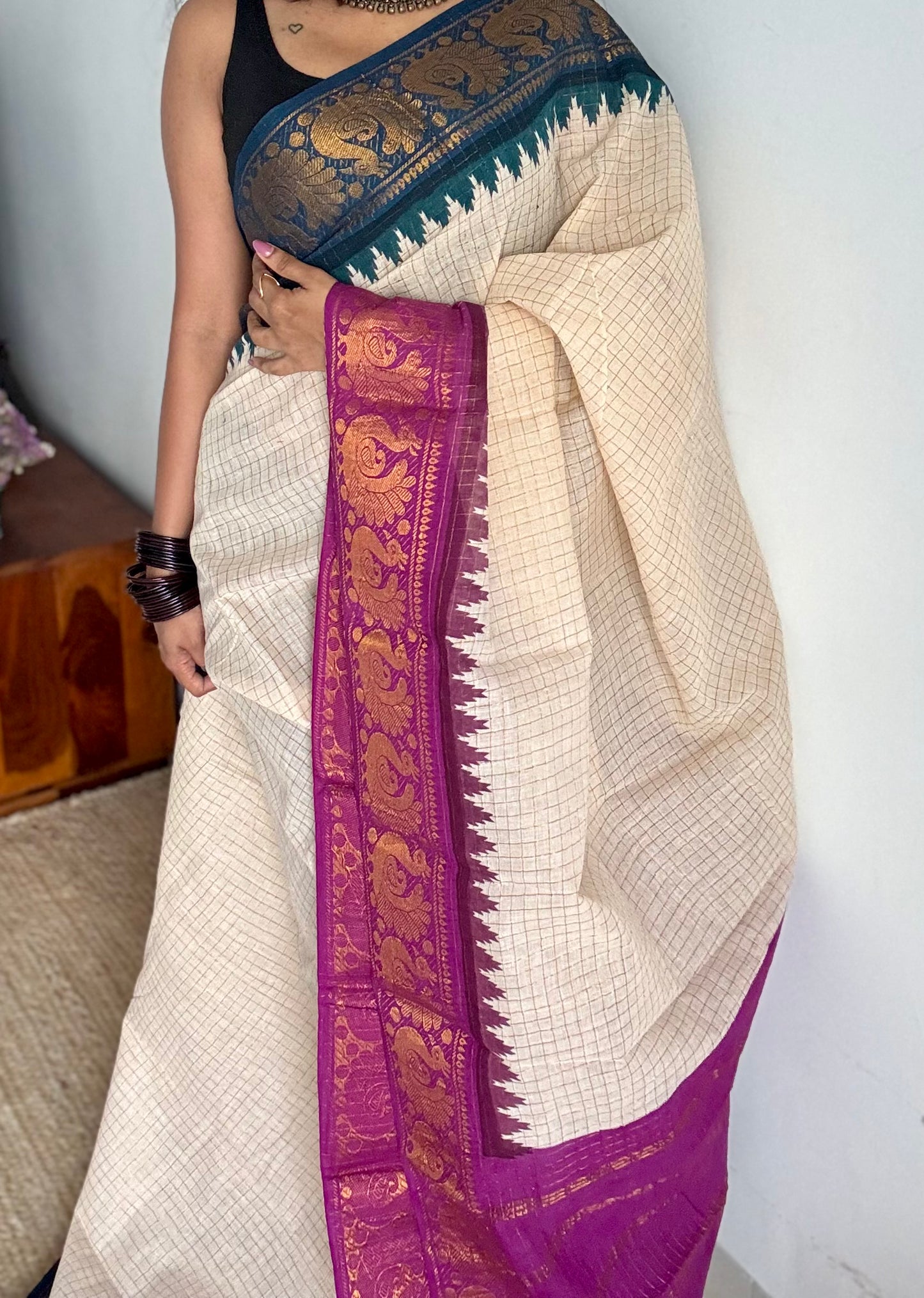 Sungudi cotton checks, ivory gold base, teal and magenta dual tone border, soft cotton - YCCOTNGJJA177