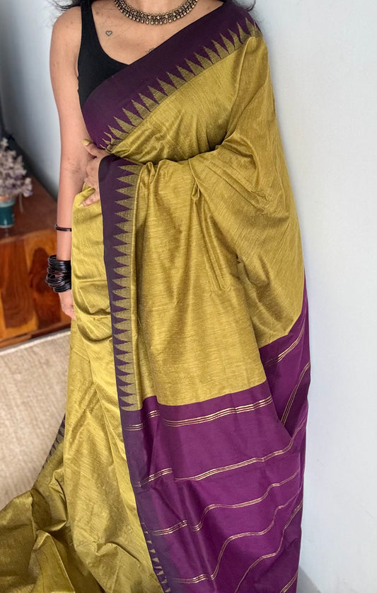 Green with purple temple border - cotton silk - YCCOTNSEKCS21