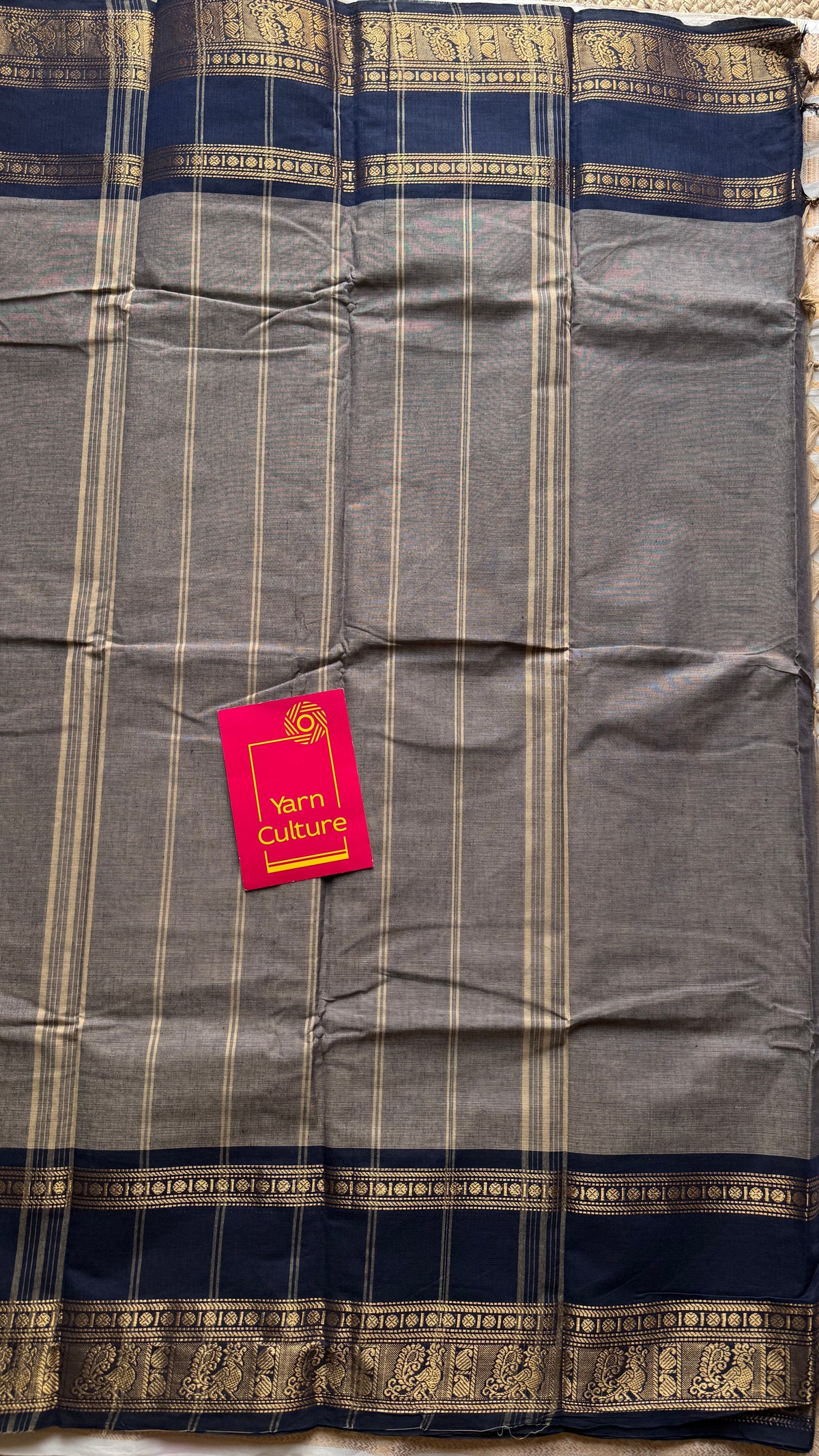 Grey with dark blue gap zari border, kanchi cotton saree - YCCOTNCCOC116