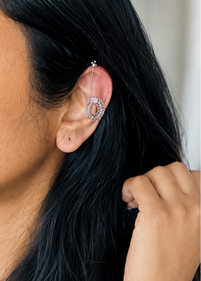 Bugadi clip-on (non pierced), pink stone, peacock pattern, oxidised silver - YCOSEBU512