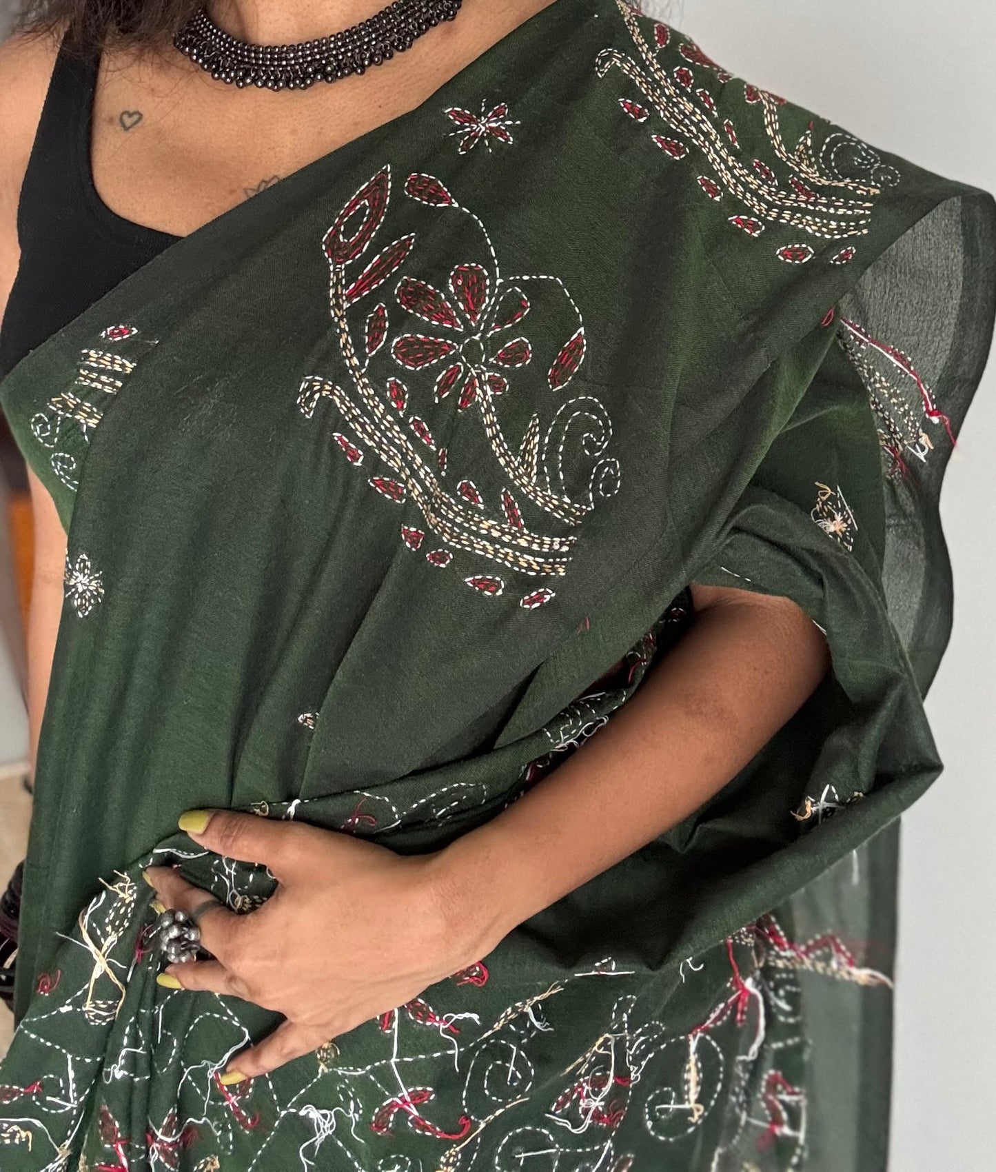 Embroidered green kantha weave in soft cotton - YCBCKKJA145