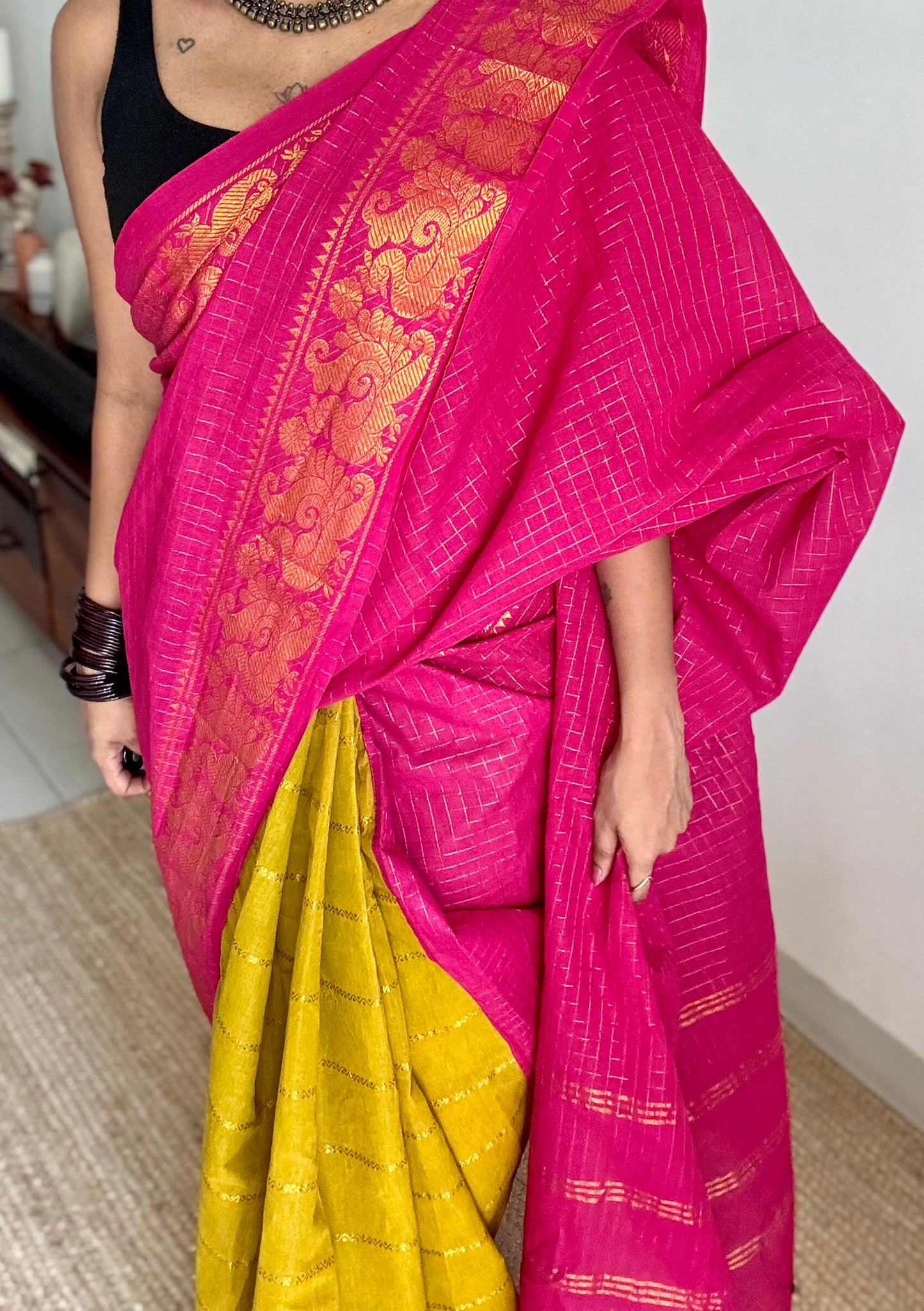 Hot pink with lime green, sungudi cotton half-half saree - YCCOTNIDMA290