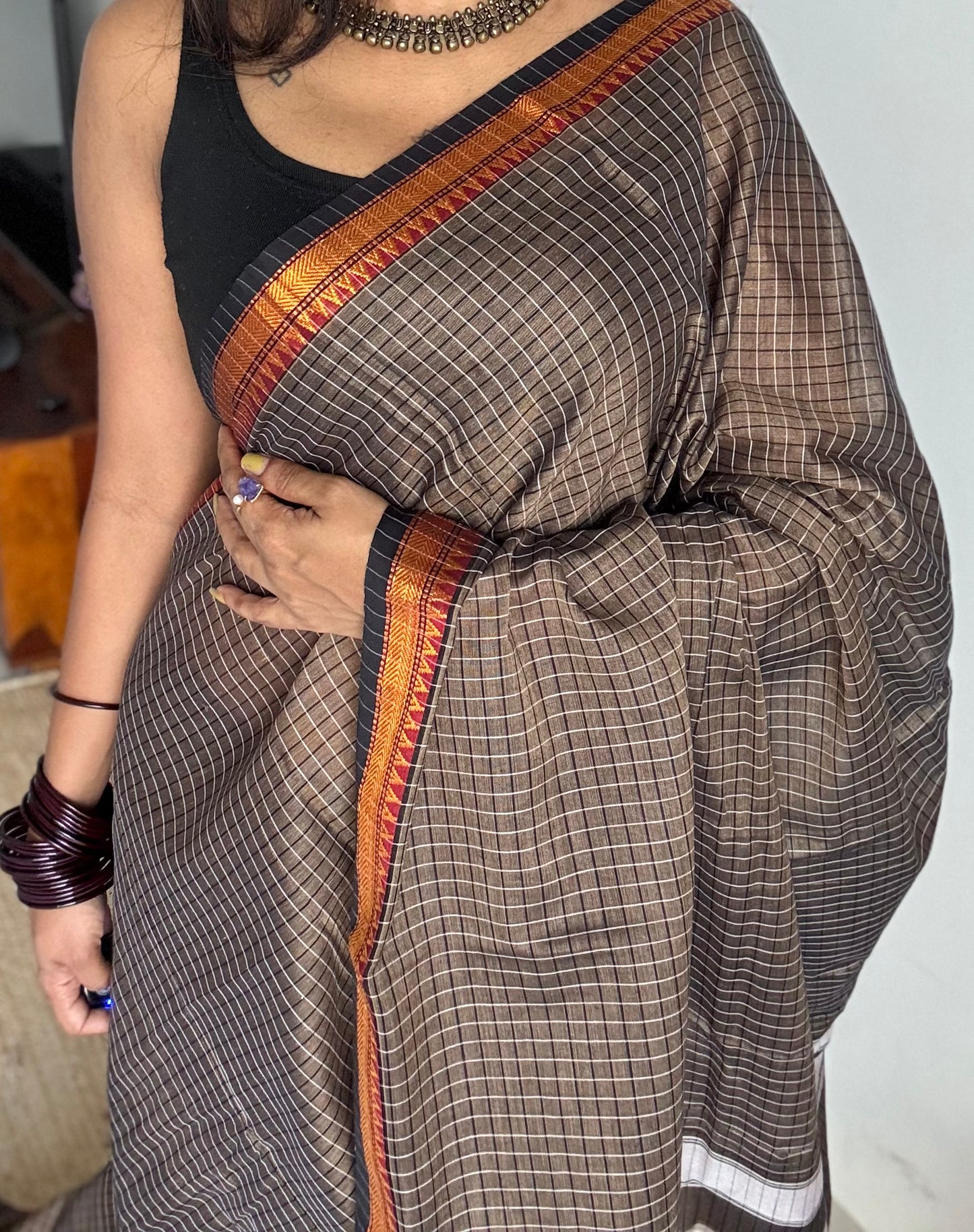 Grey with black checks, cotton silk blend, premium narayanpet saree - YCWOTDFE245