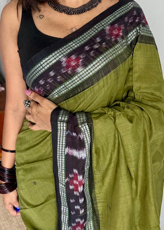 Prahari - olive green Sambalpuri handloom cotton - YCHOTESJA203