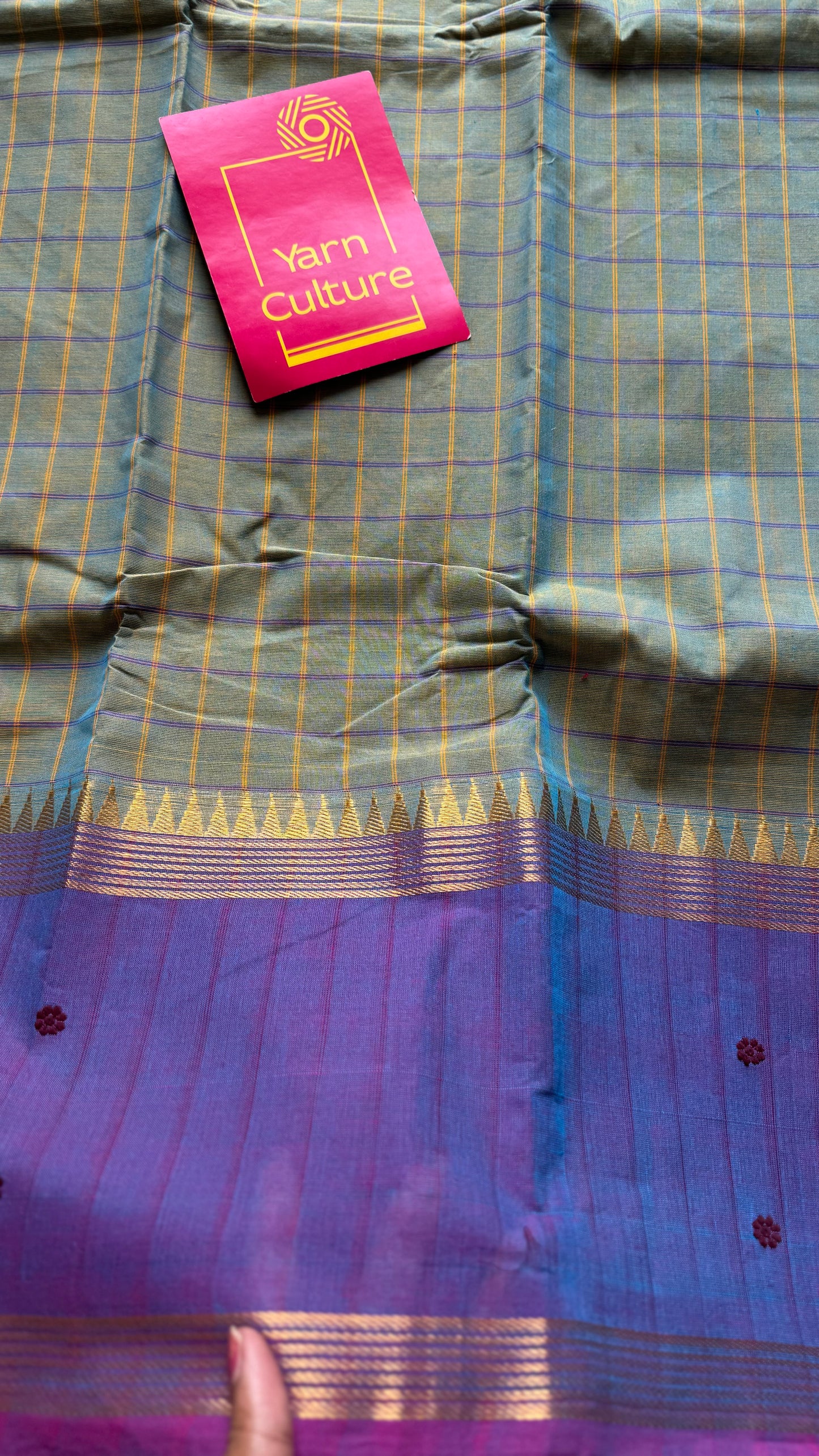 Grey and purple contrast, checkered Chettinad cotton saree - YCCOTNMA270
