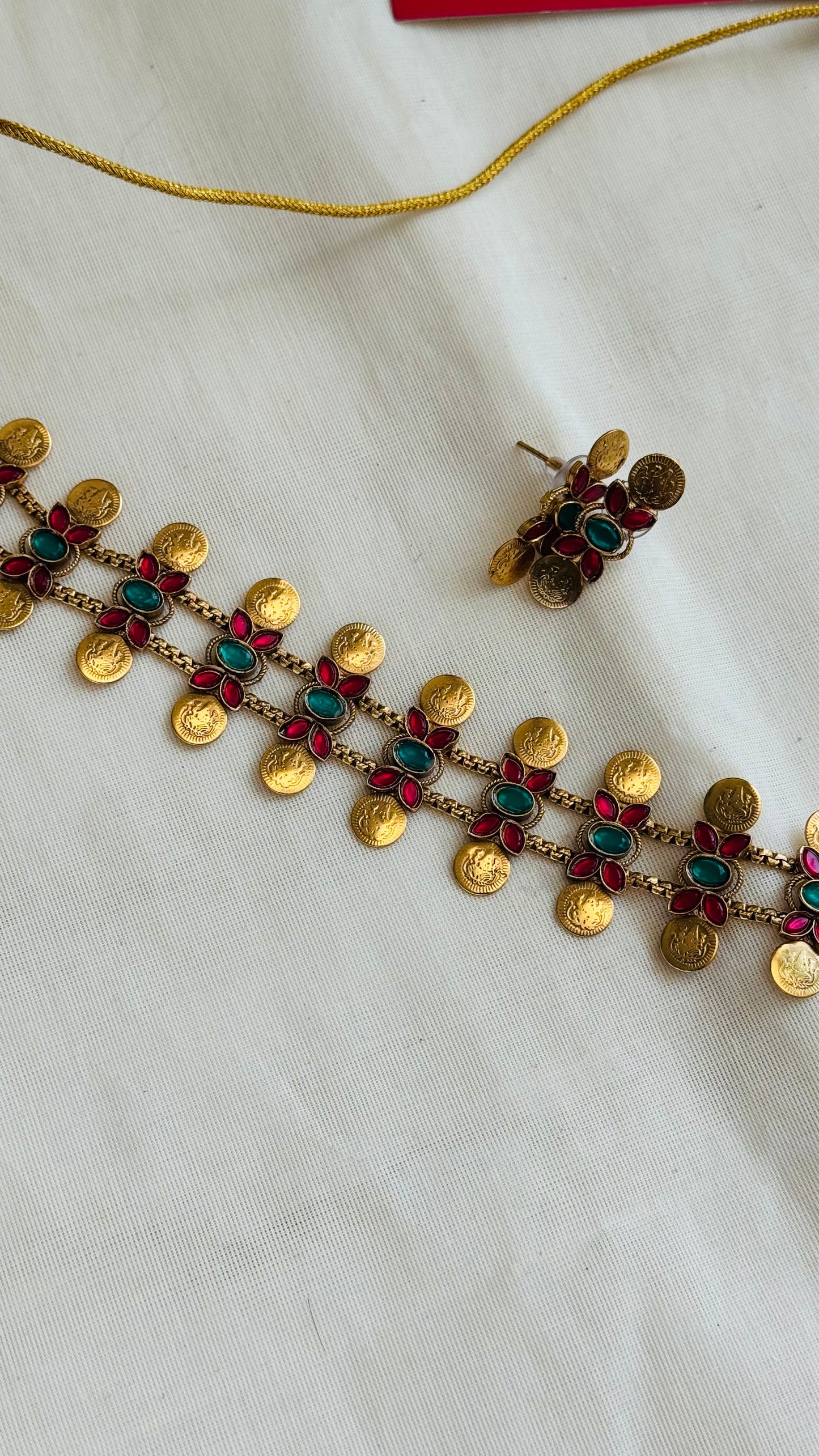 Triple layer coin floral neckpiece, ruby and green stones, with earrings - YCGPNP755