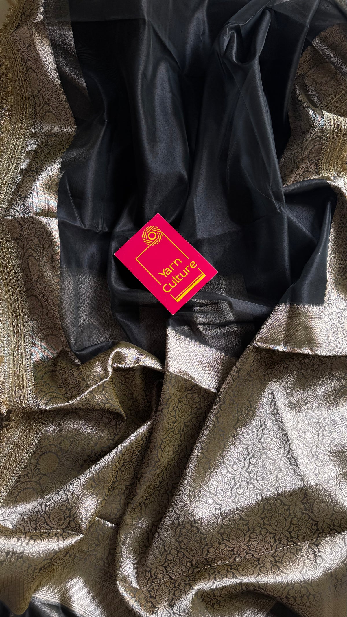 Black tissue Banarasi saree with embellished gold lace border - YCBLTOC81