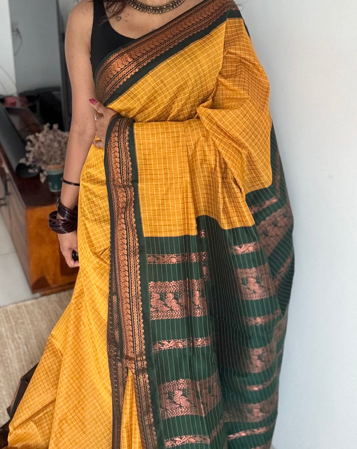 Mustard yellow with dark green checkered saree, cotton silk - YCCOTNKCFE67