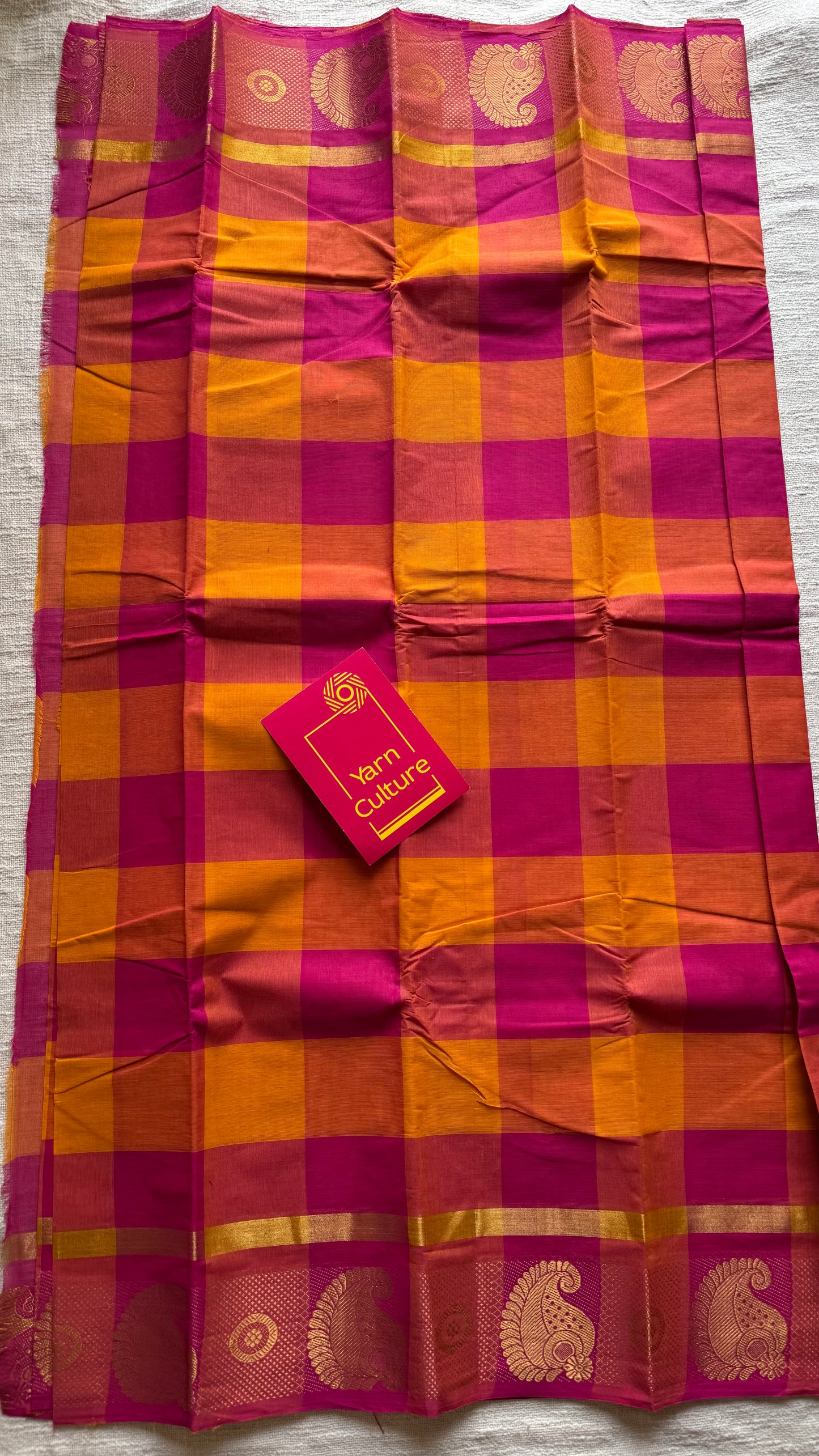 Chettinad cotton saree with yellow and pink checks, paisley motif border - YCCOTNAP66