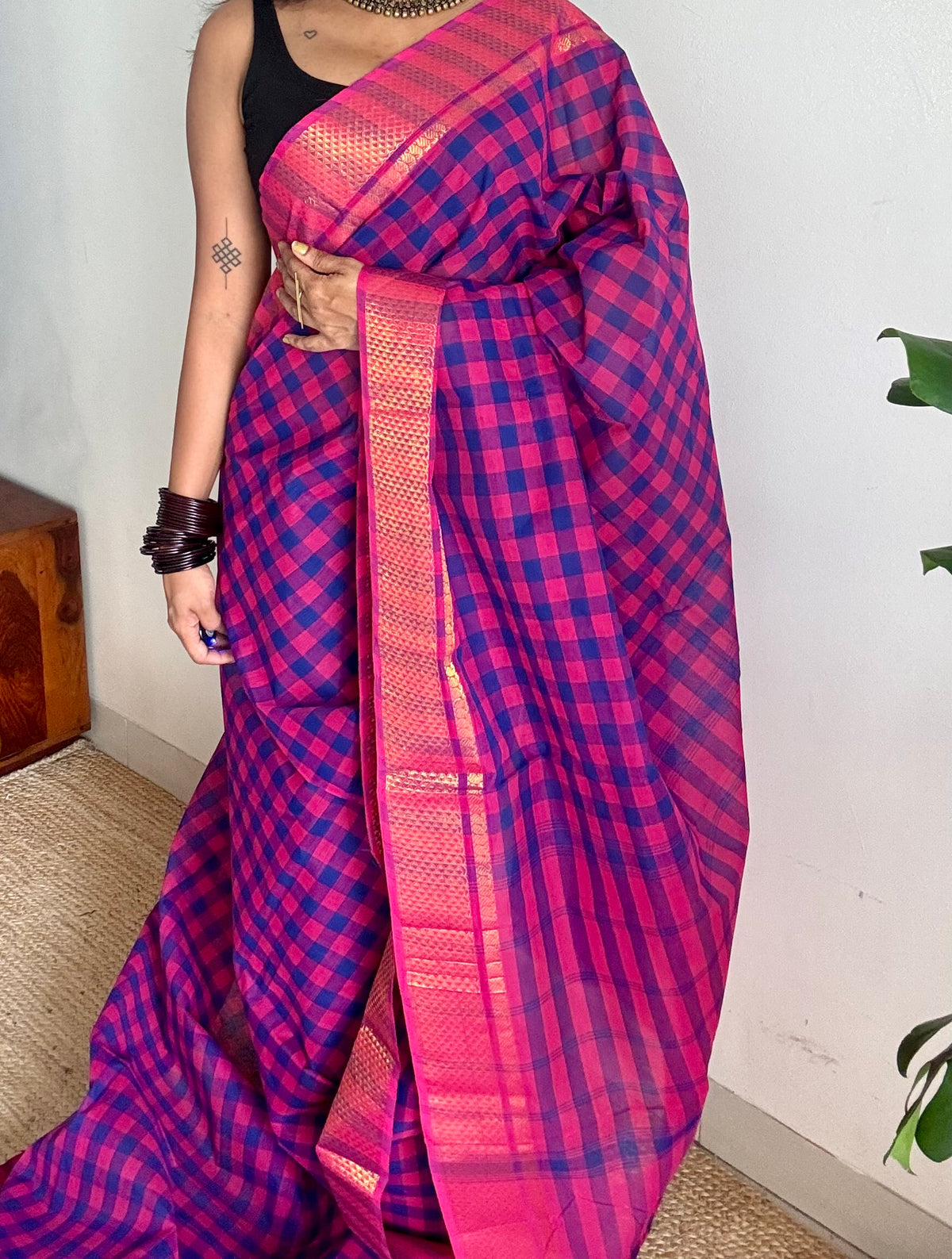 Chettinad cotton saree with purple pink and blue checks, zari motif border - YCCOTNCKSE45
