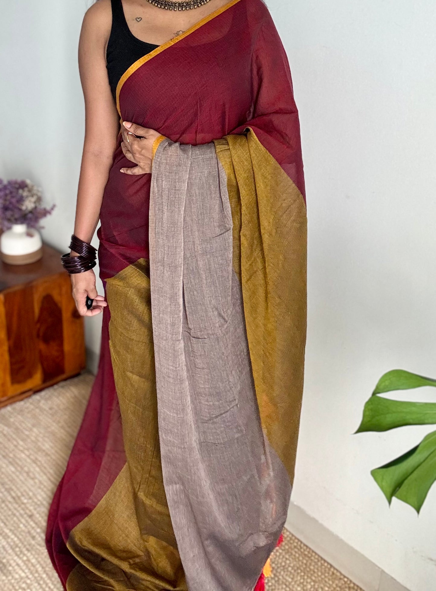 Maroon brown and grey saree, mul cotton - YCBCMA320