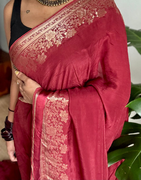 Maroon, semi crepe silk saree with antique gold floral border - YCLOKOC52