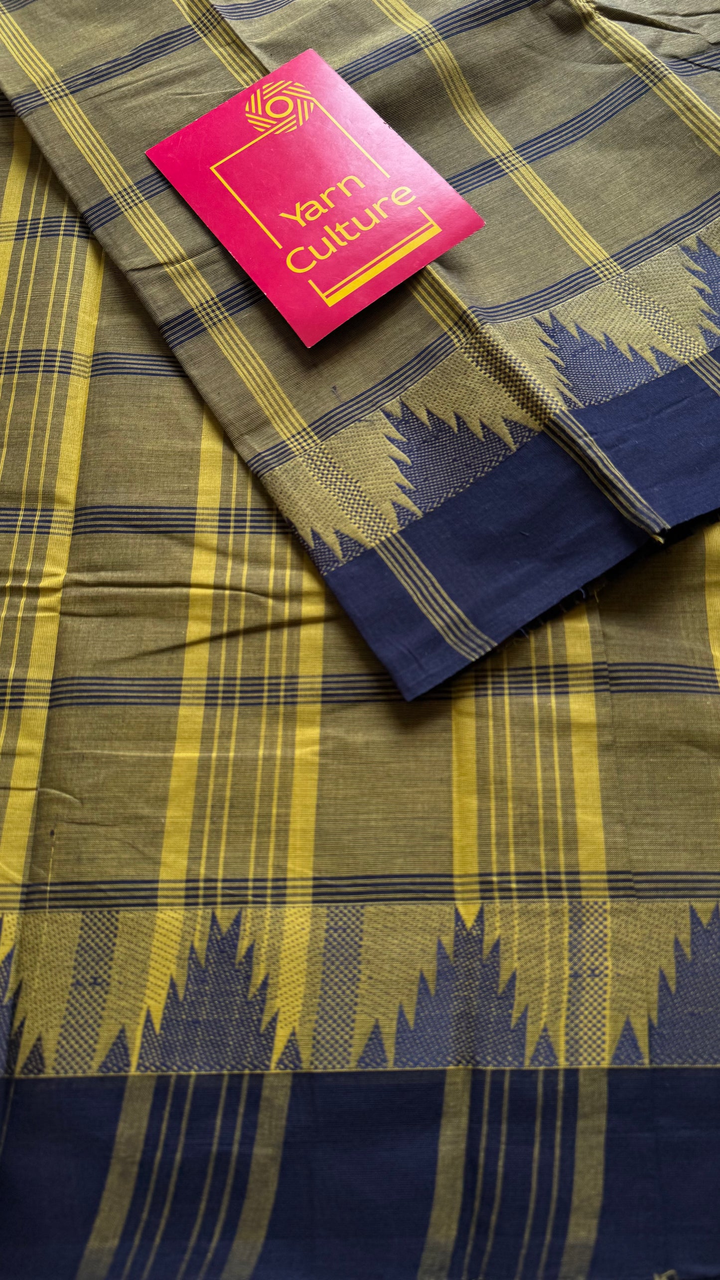 Chettinad cotton saree with olive green and navy checks, temple motif border - YCCOTNAP67