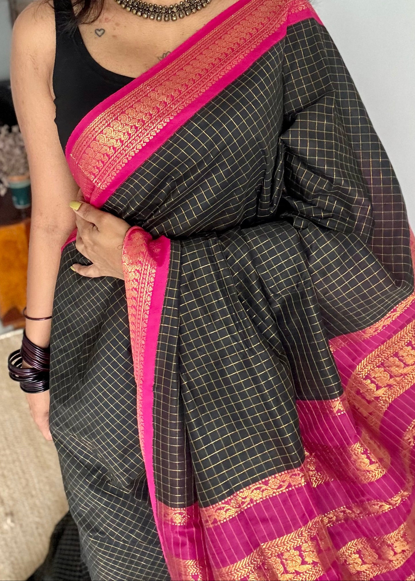 Black with hot pink, checks - cotton silk - YCCOTNOCKC81