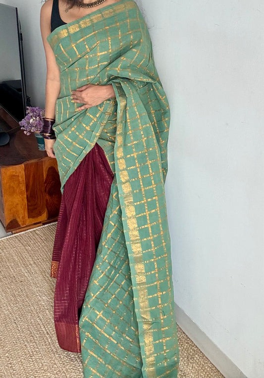 Mint green with maroon, sungudi cotton half-half saree - YCCOTNMSFE363