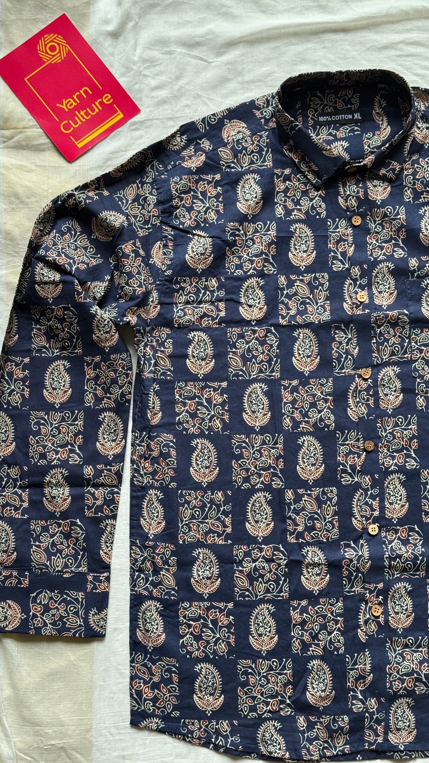 Navy Blue Paisley Block Printed Cotton Men's Full Sleeve Collared Shirt - YCMSEIE204