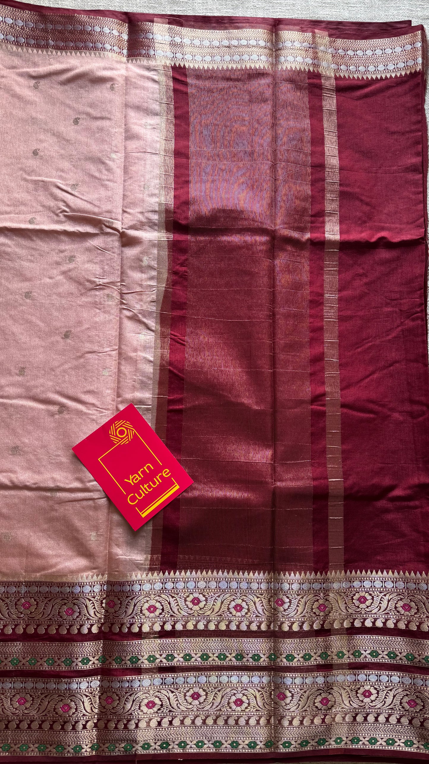 Salmon pink with maroon multicoloured vintage border, semi-silk - YCBLSSJA14