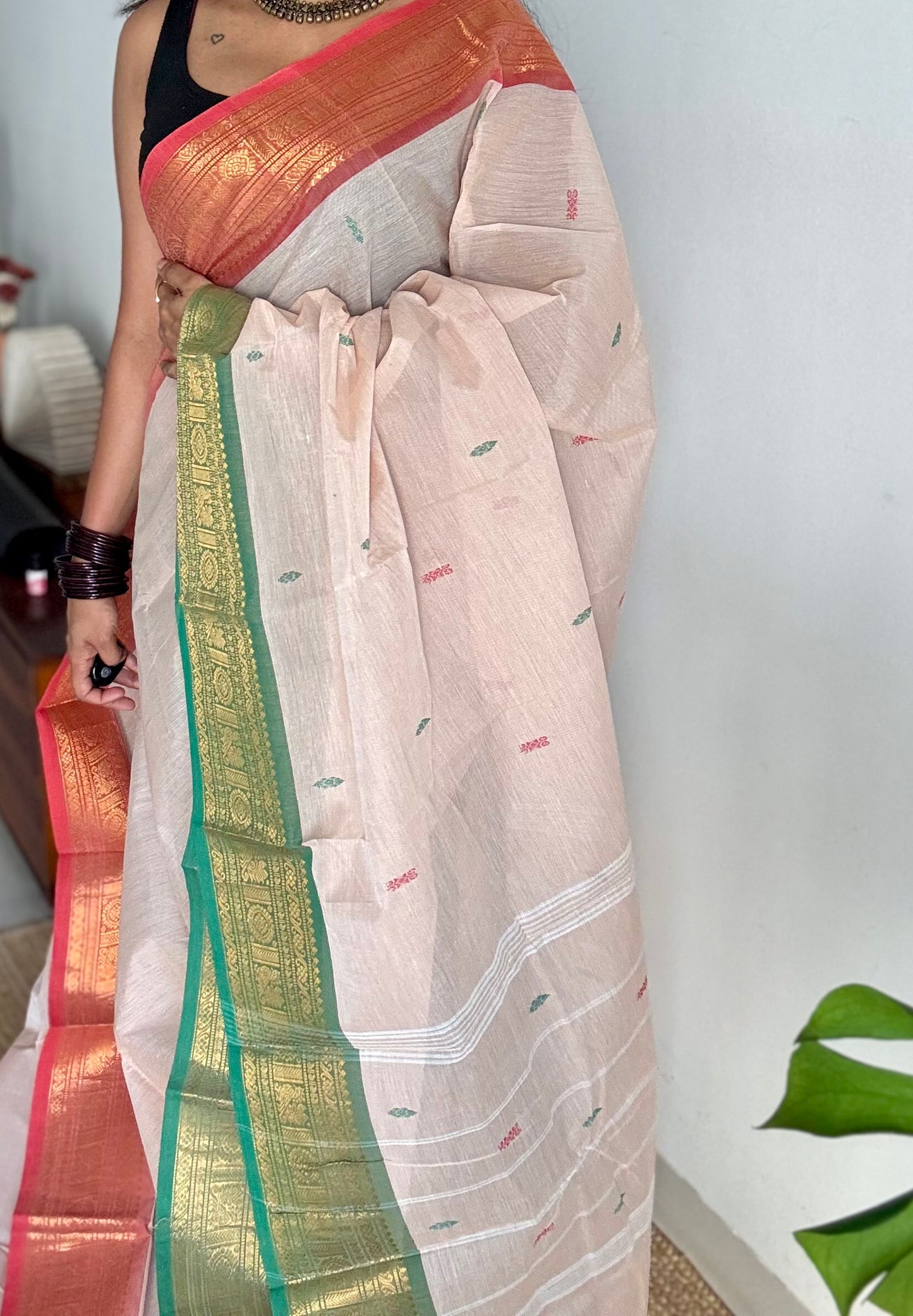 Beige with green pink and coral red contrast, kanchi cotton saree - YCCOTNMA327