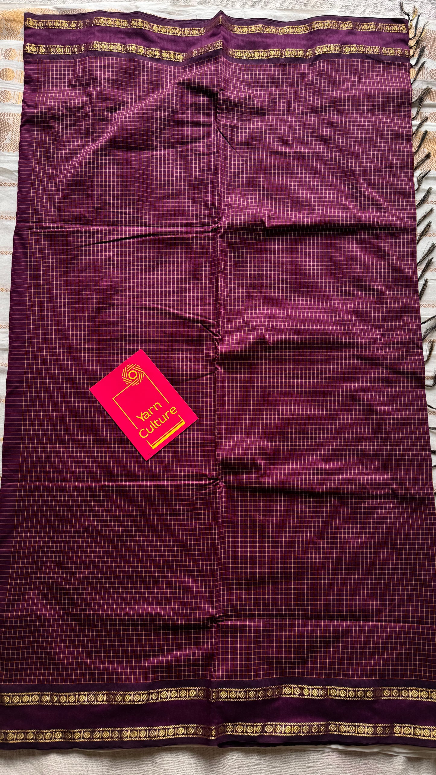 Dark berry pink (light burgundy), arani checks saree, cotton silk - YCCOTNAUG17