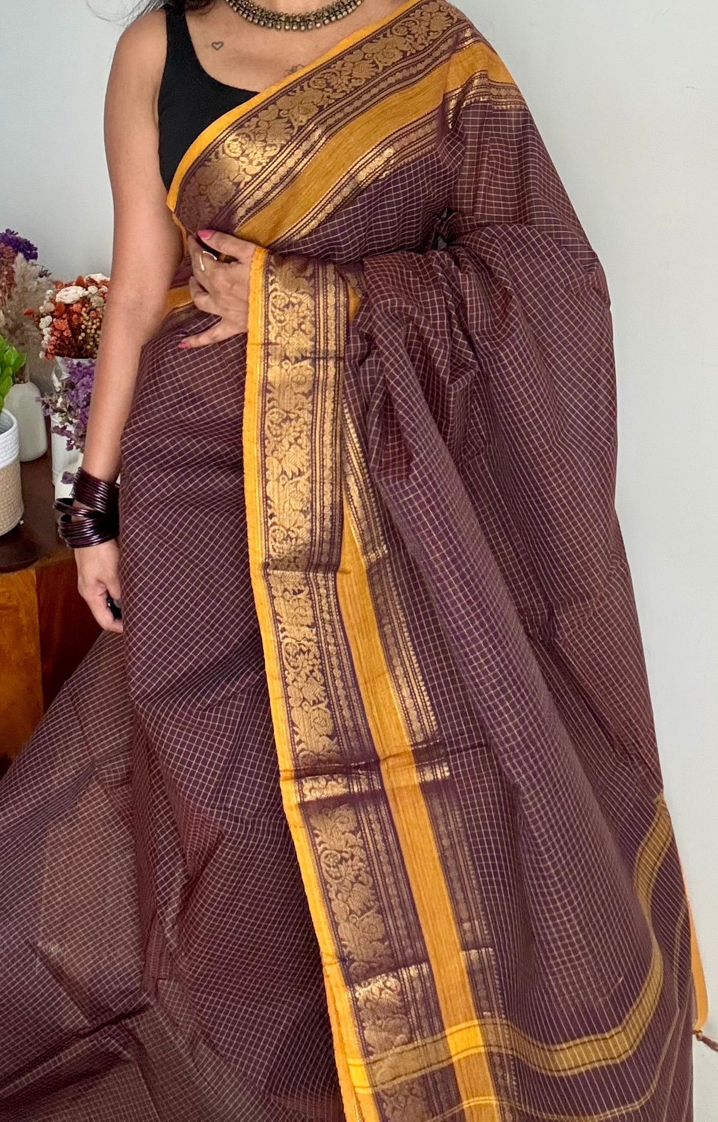 Kanchi cotton saree, dark brown checks with korvai border - YCCOTNAP73