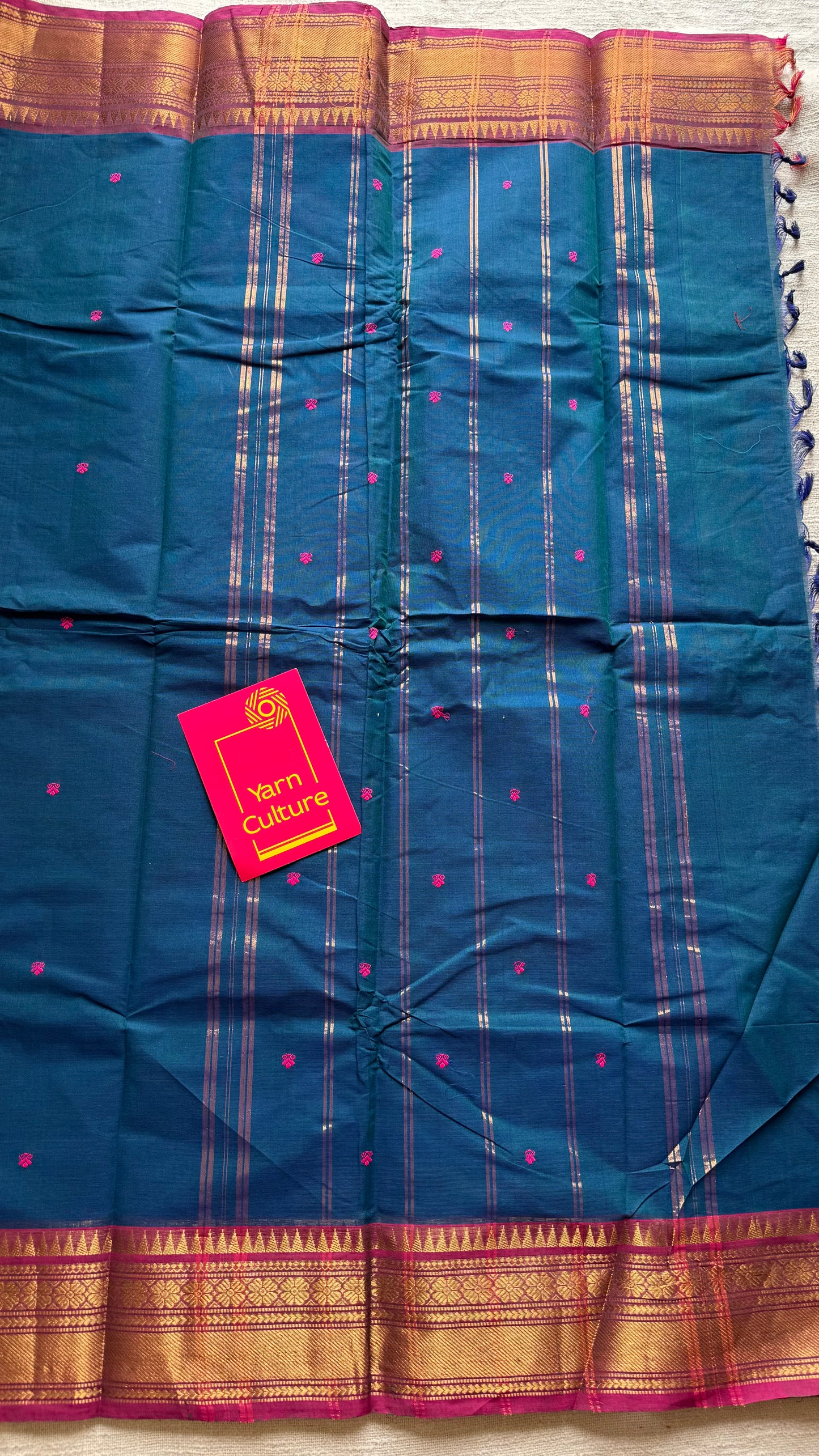 Kanchi cotton saree, peacock blue with dark pink border - YCCOTNAP86