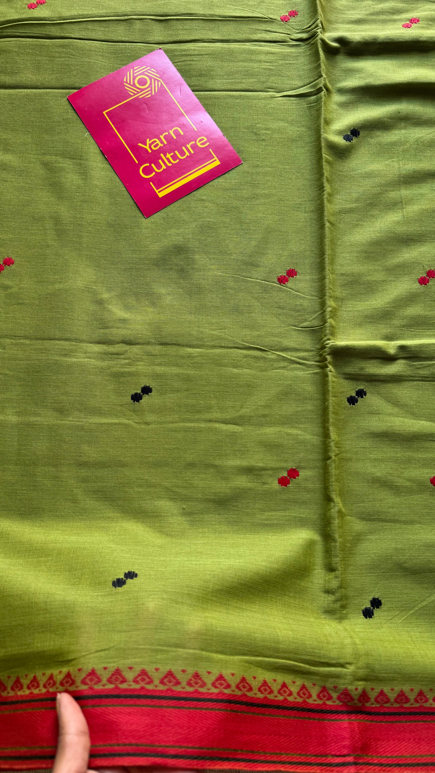 Dhonekhali handloom soft cotton saree,parrot green with red thread border, red and black woven buttas - YCBCDFE260