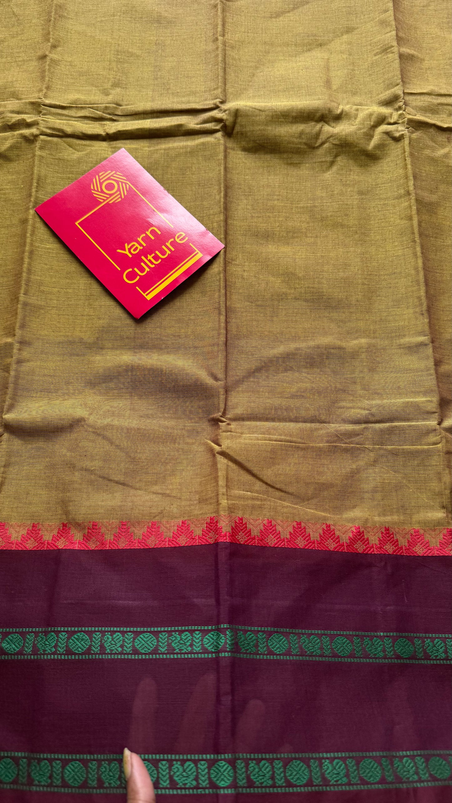 Chettinad cotton saree in ginger green with wine and maroon thread borders - YCCOTNJUCC12