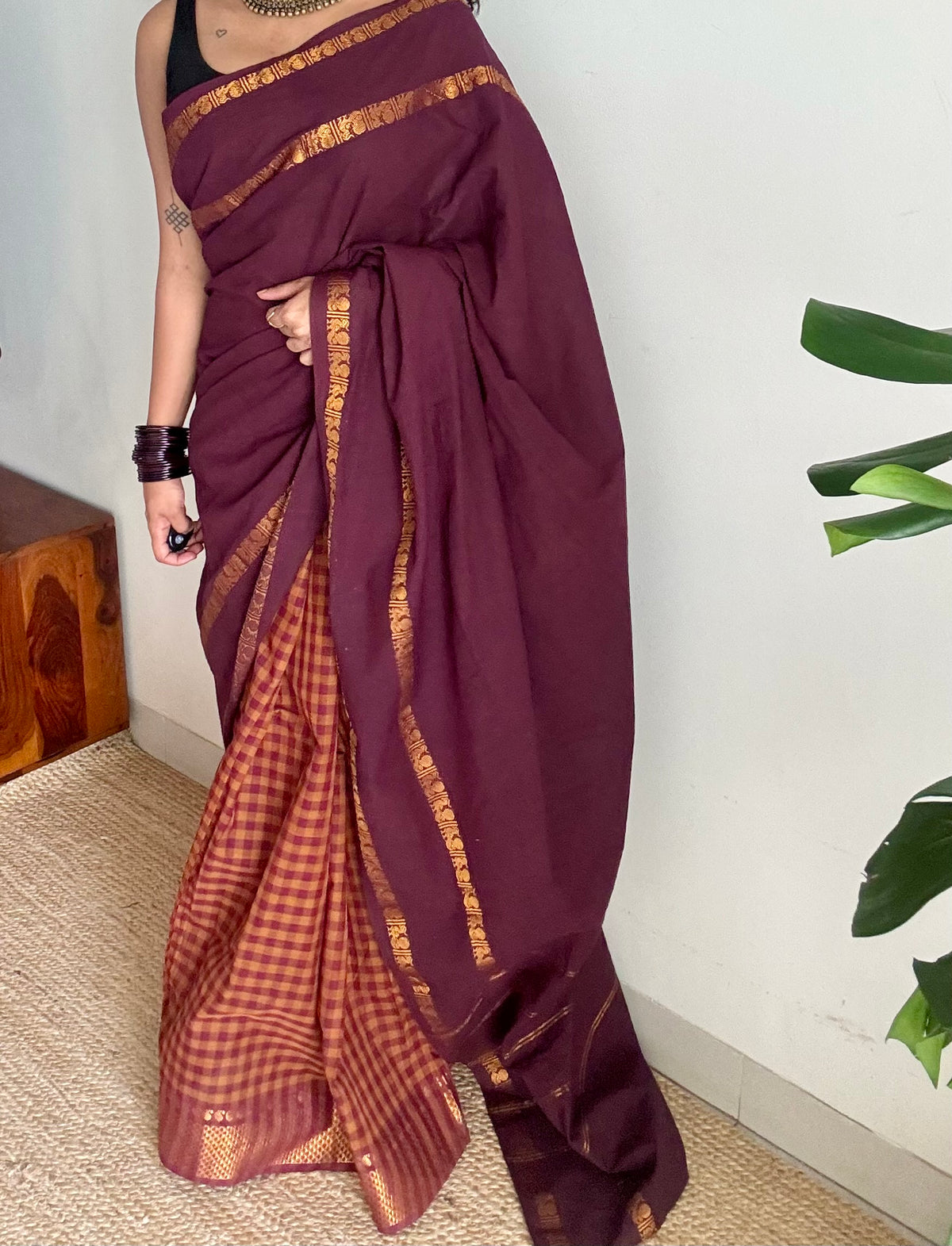 Maroon and rust orange with maroon, sungudi and chettinad cotton half-half saree - YCCOTNIDOC40