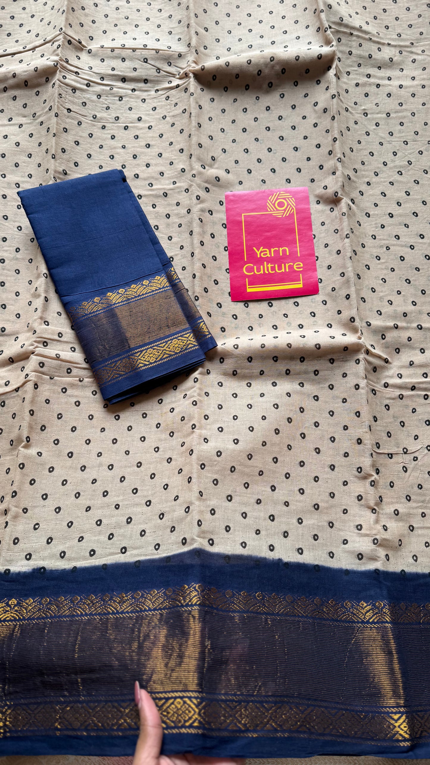 Sandal and dark blue with antique gold zari border, kattuchayam dyed madurai cotton saree - YCCOTNMSJUL12