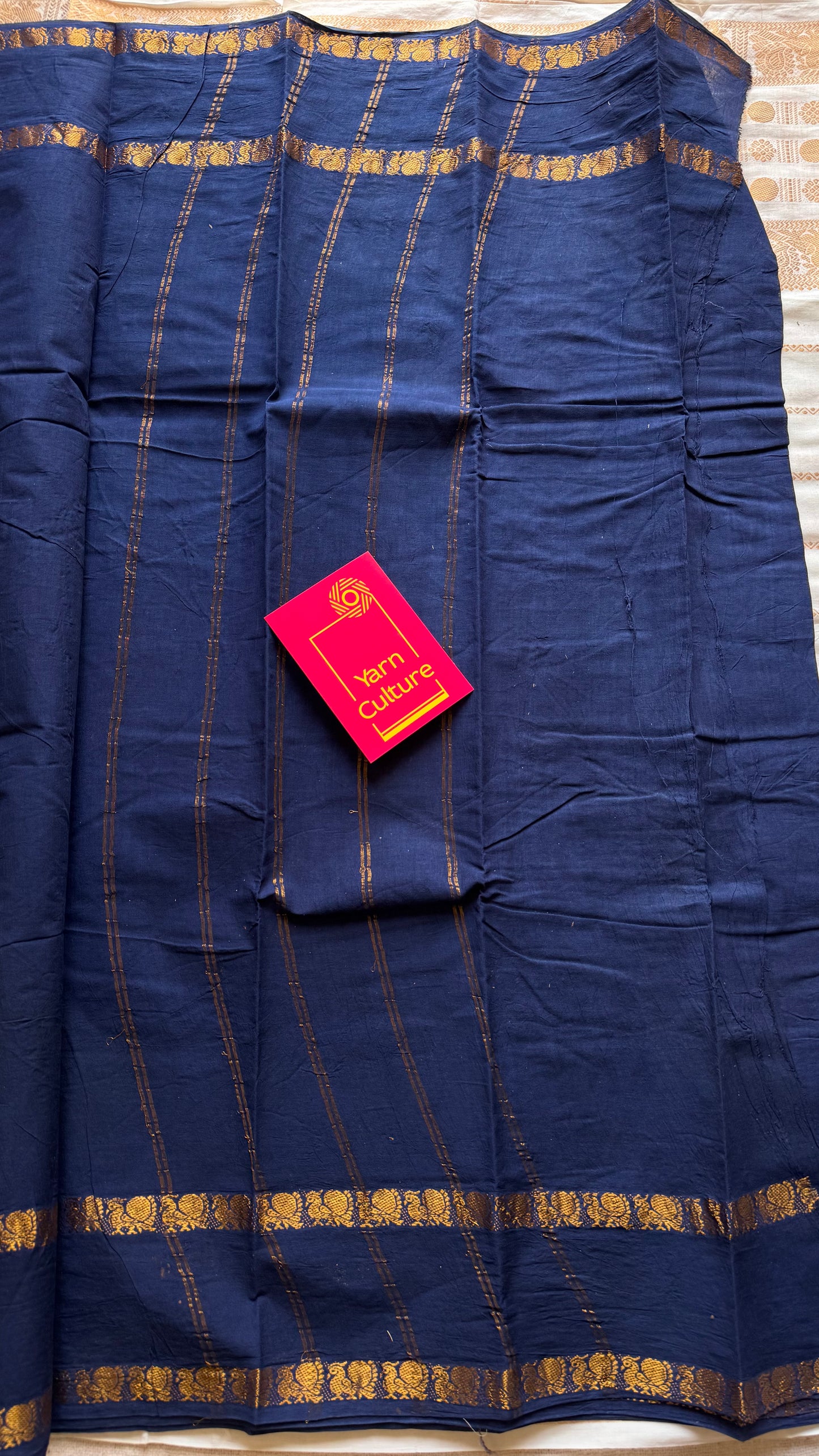 Dark blue rettaipettu peacock double bordered, kattuchayam dyed madurai cotton saree - YCCOTNMA277