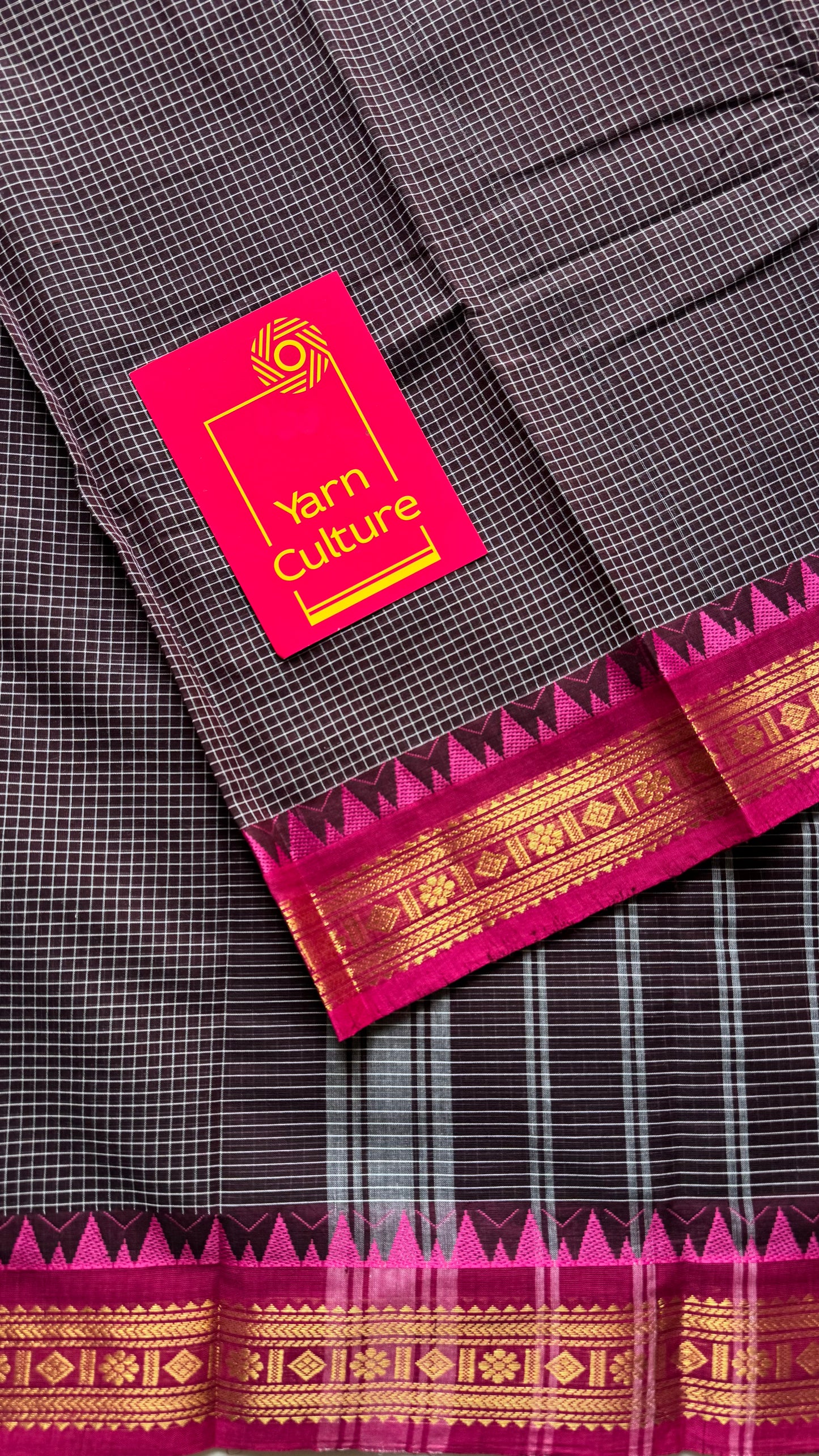 Dark brown with pink contrast, checkered kanchi cotton saree - YCCOTNJU18