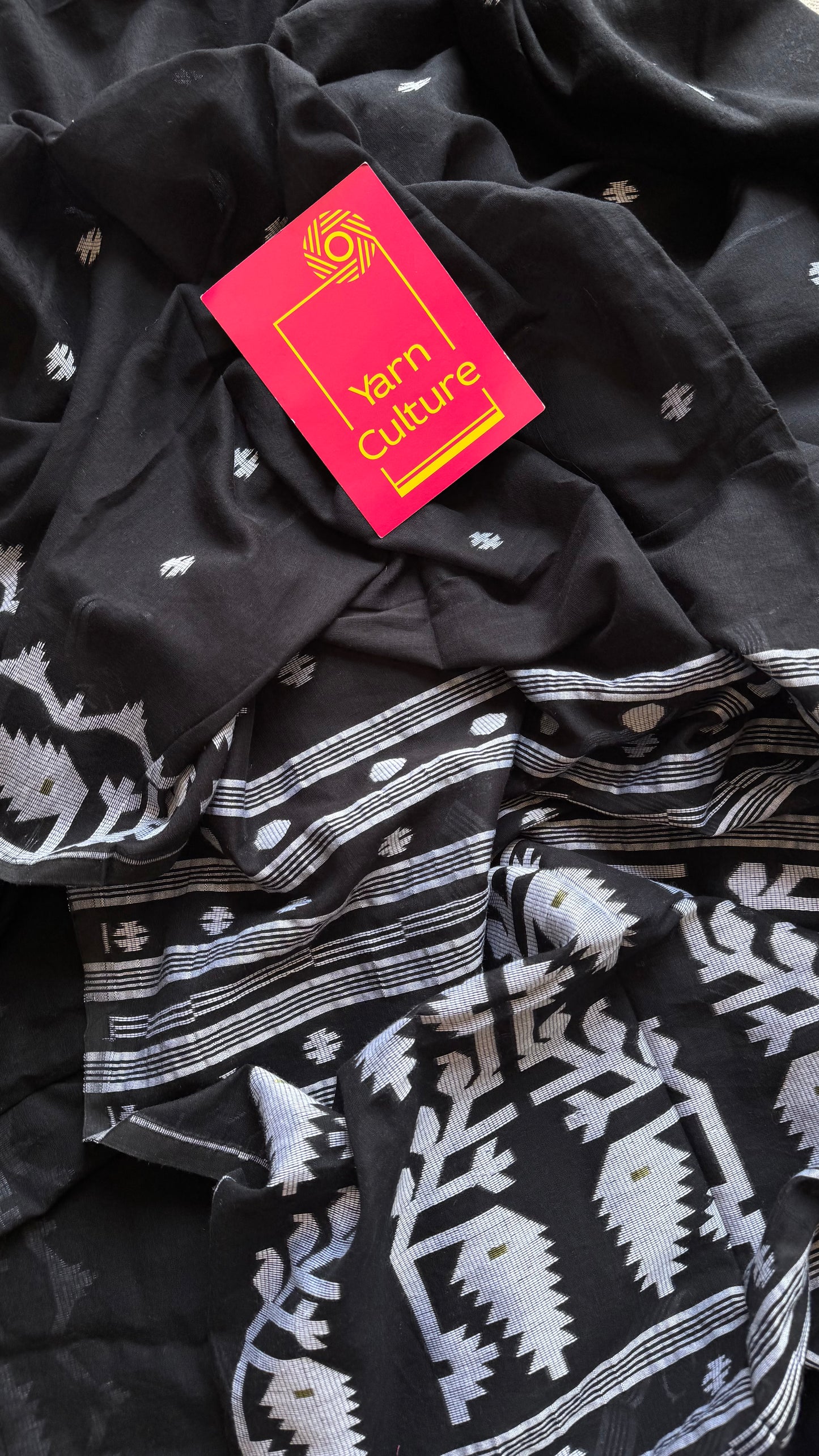 Black with white contrast jamdani saree in soft handloom cotton - YCBCJDFE377