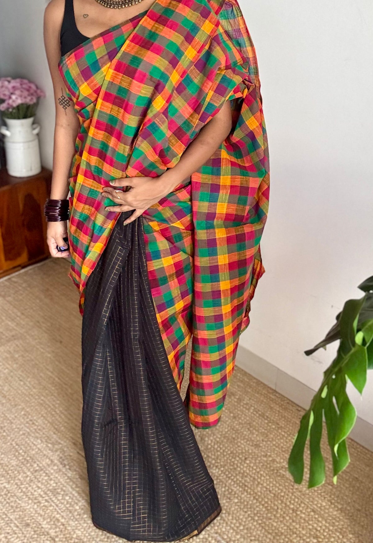 Black with multicoloured mini madras checks, cotton half and half saree - YCCOTNIDOC168