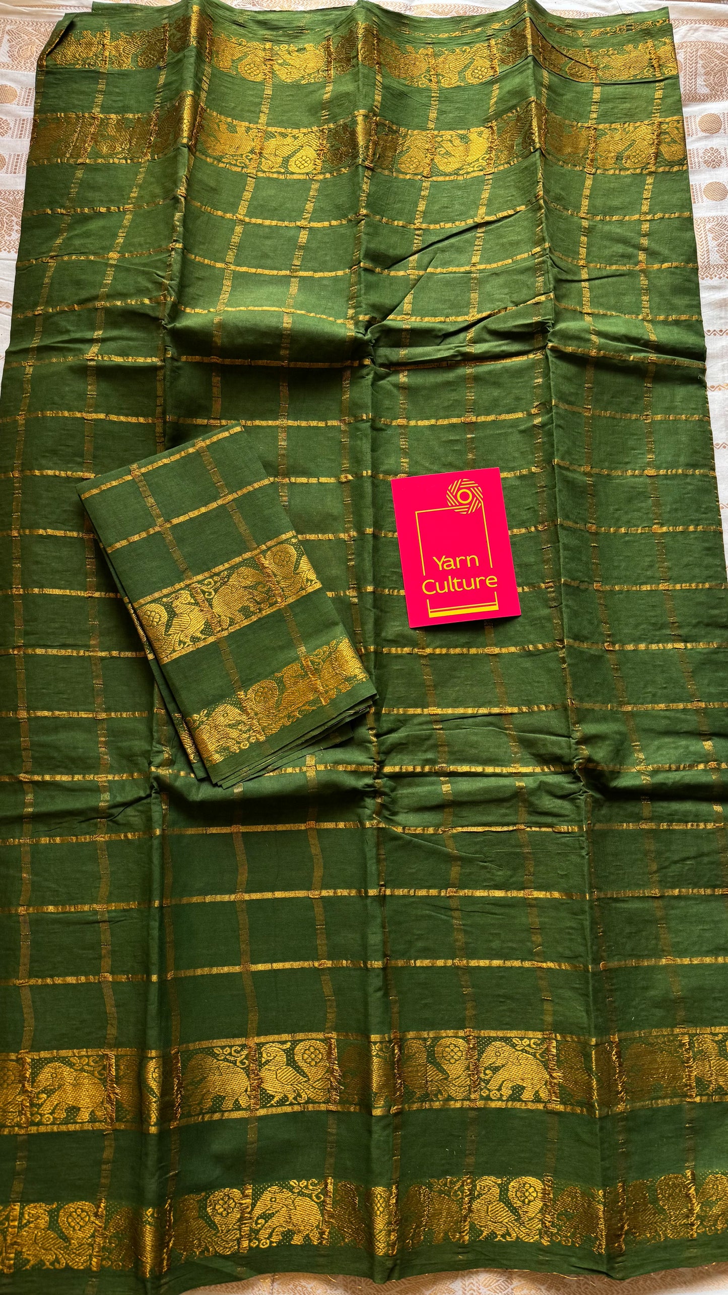 Green kattam with motif double border, kattuchayam dyed madurai cotton saree - YCCOTNMSAP176