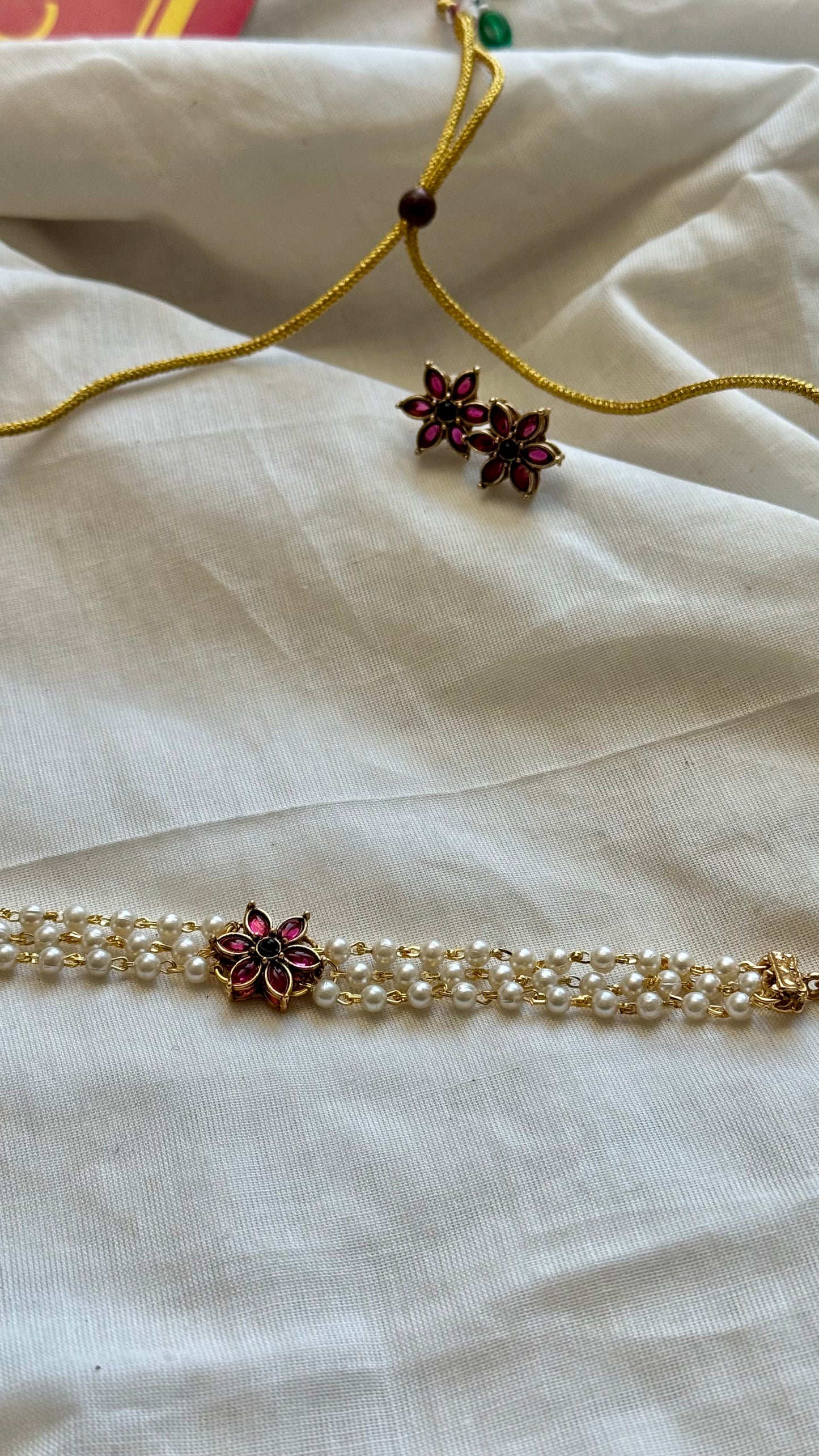 3 layered pearl neckpiece, floral pendant, with earrings - YCGPNP641
