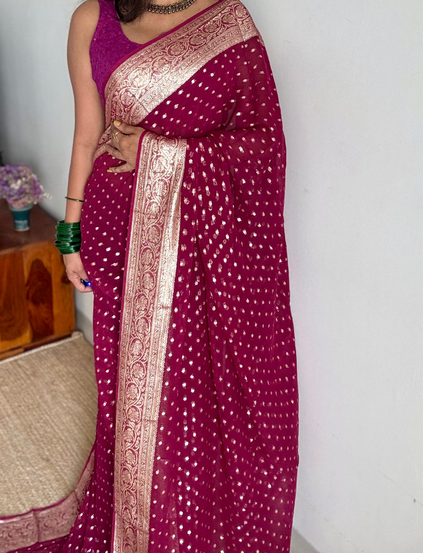 Ruby red viscose georgette saree with zari motifs - YCDOSFE203
