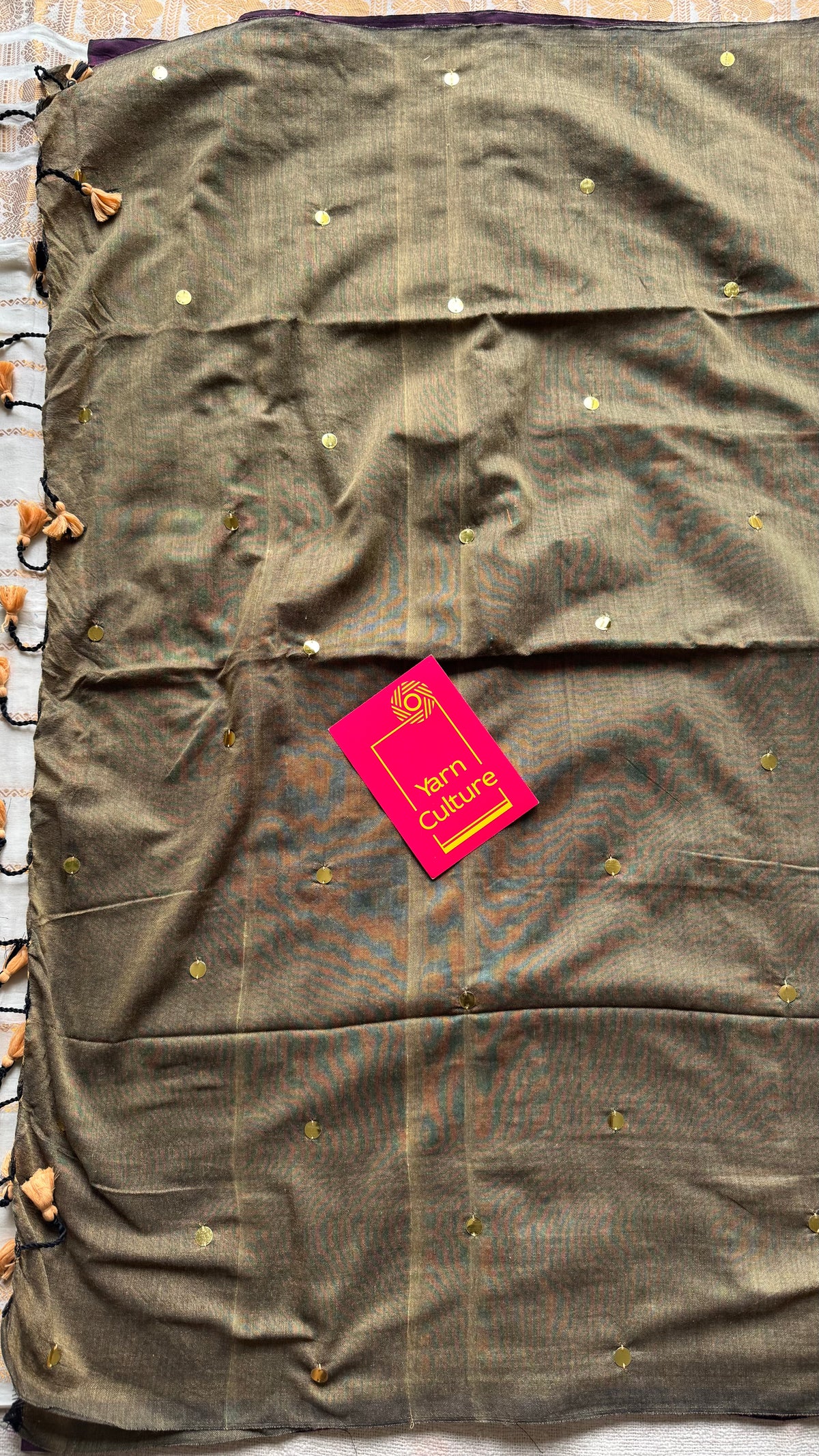 Wine with warm grey contrast pallu, gini sequins, soft cotton saree - YCBCSCOC02