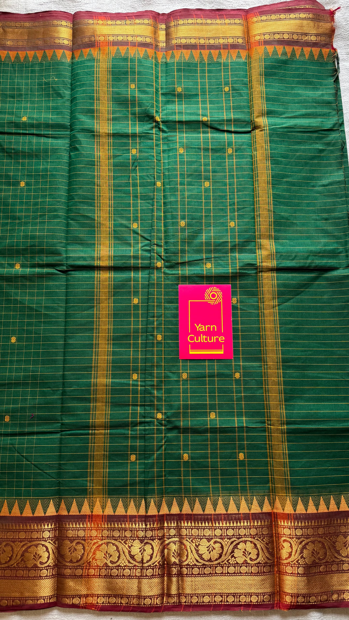 Kanchi cotton saree, green checks with maroon temple motif border - YCCOTNAP78