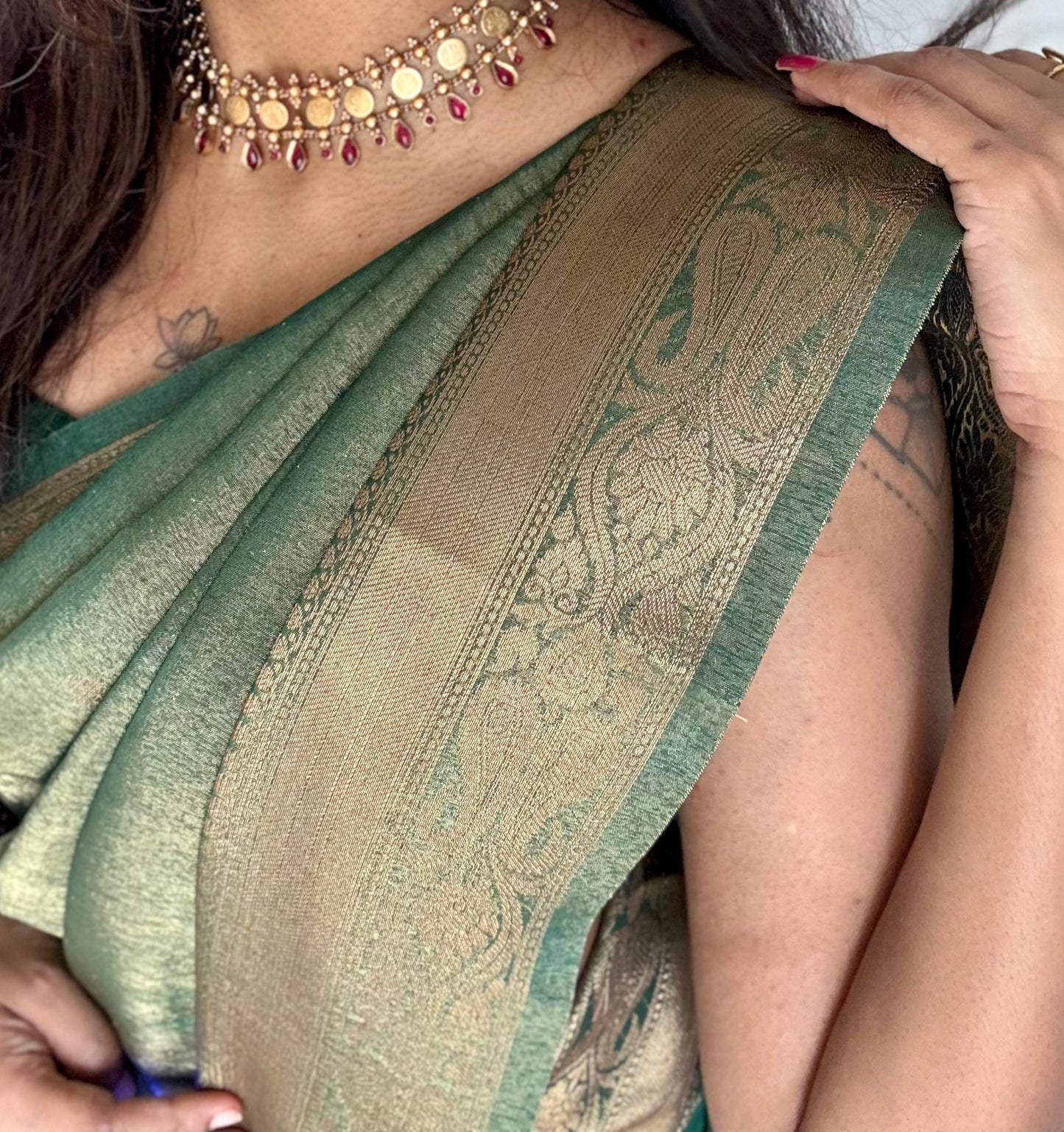 Green with gold dual tone, Banarasi semi-silk - YCDESE07