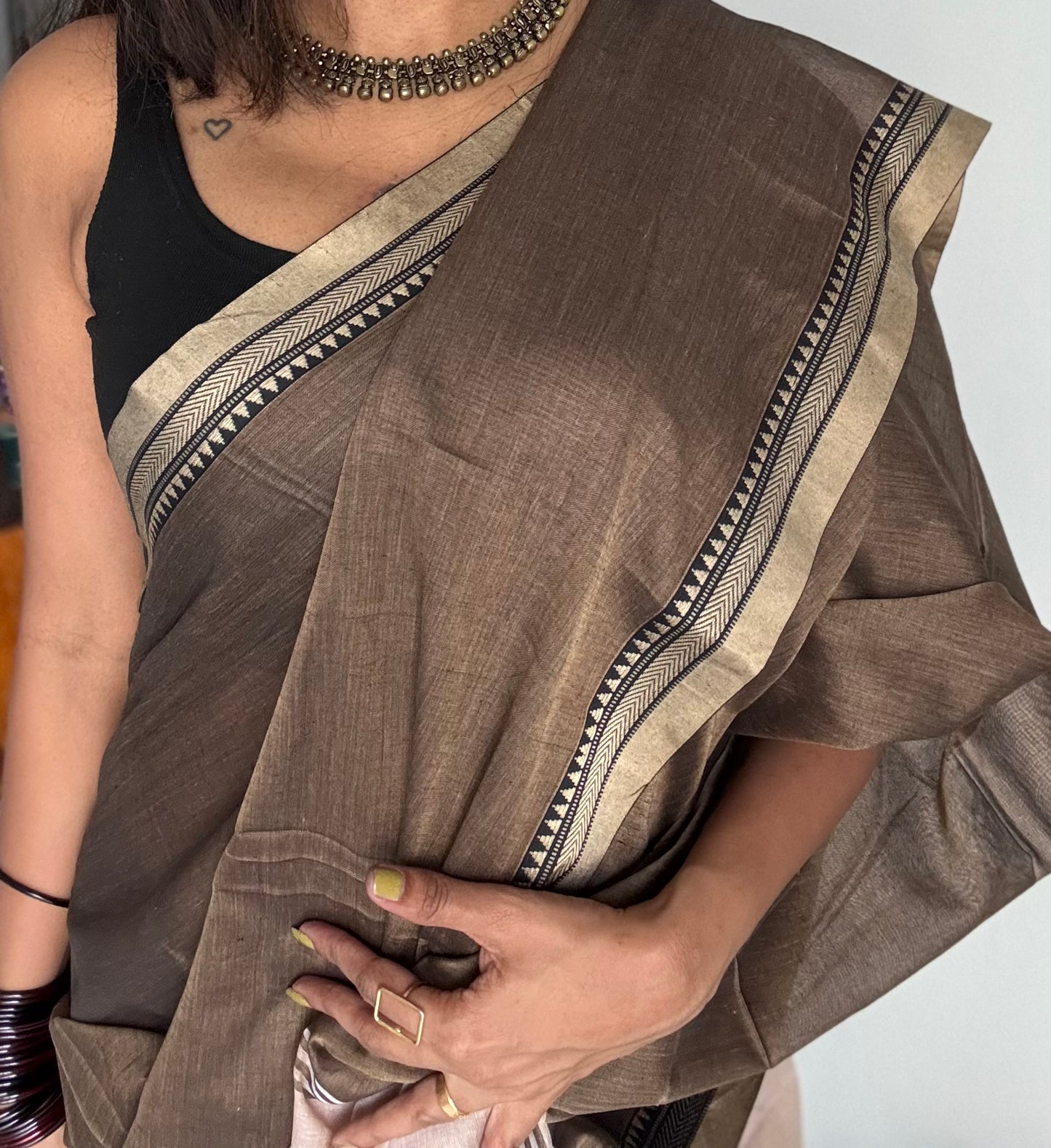 Warm grey with cream border narayanpet saree, soft cotton - YCWOTDNPFE33