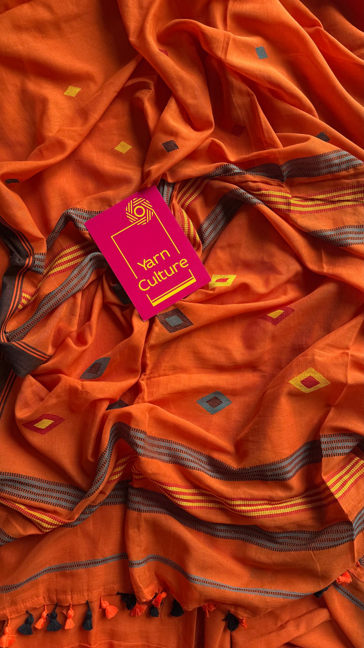 Handloom Bengal soft cotton saree, orange with woven buttas and brown borders - YCBCMCSE36