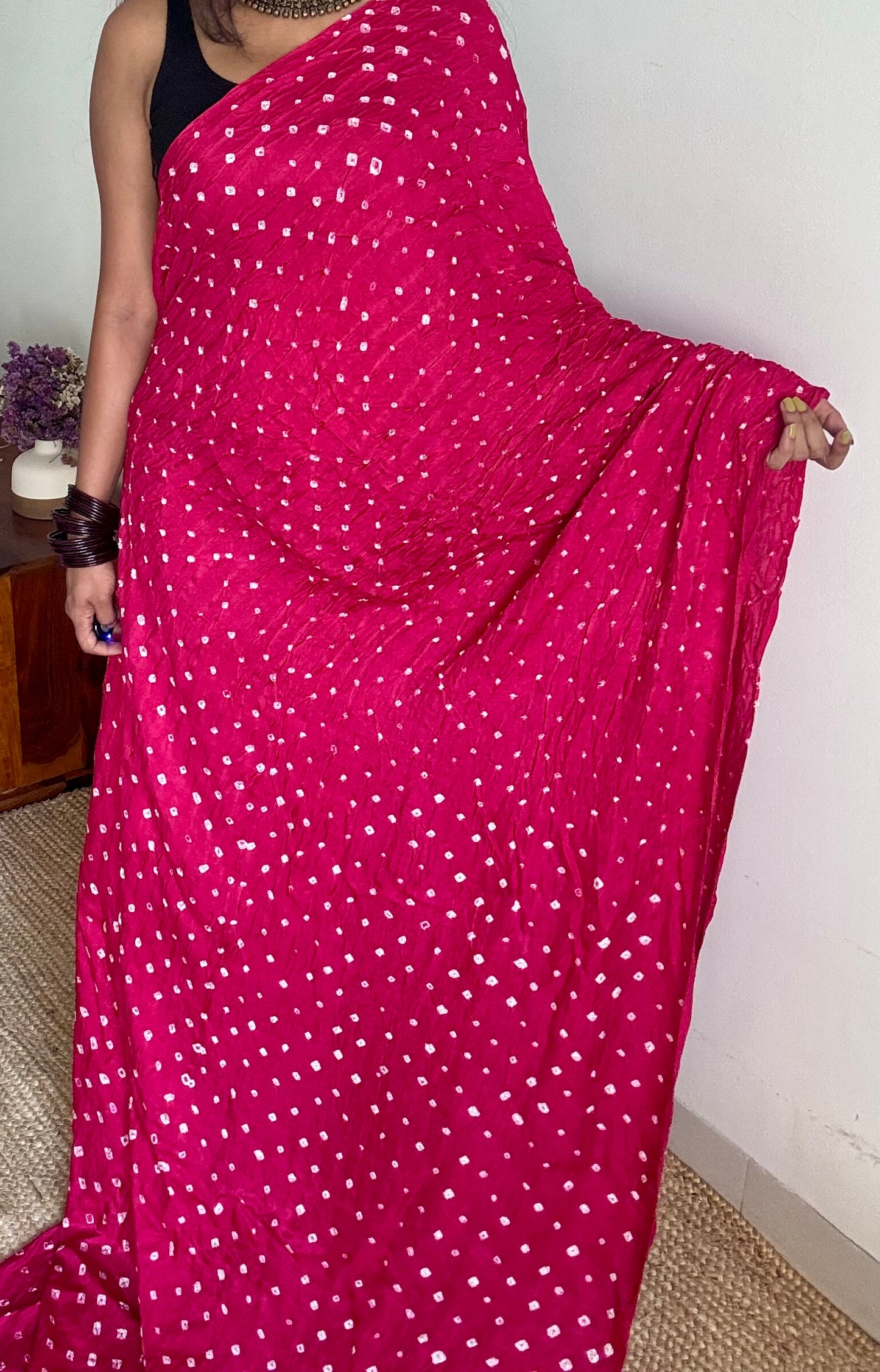 Rani pink, crushed bandhej pure modal silk saree with lagdi patta zari pallu - YCTOKBM332