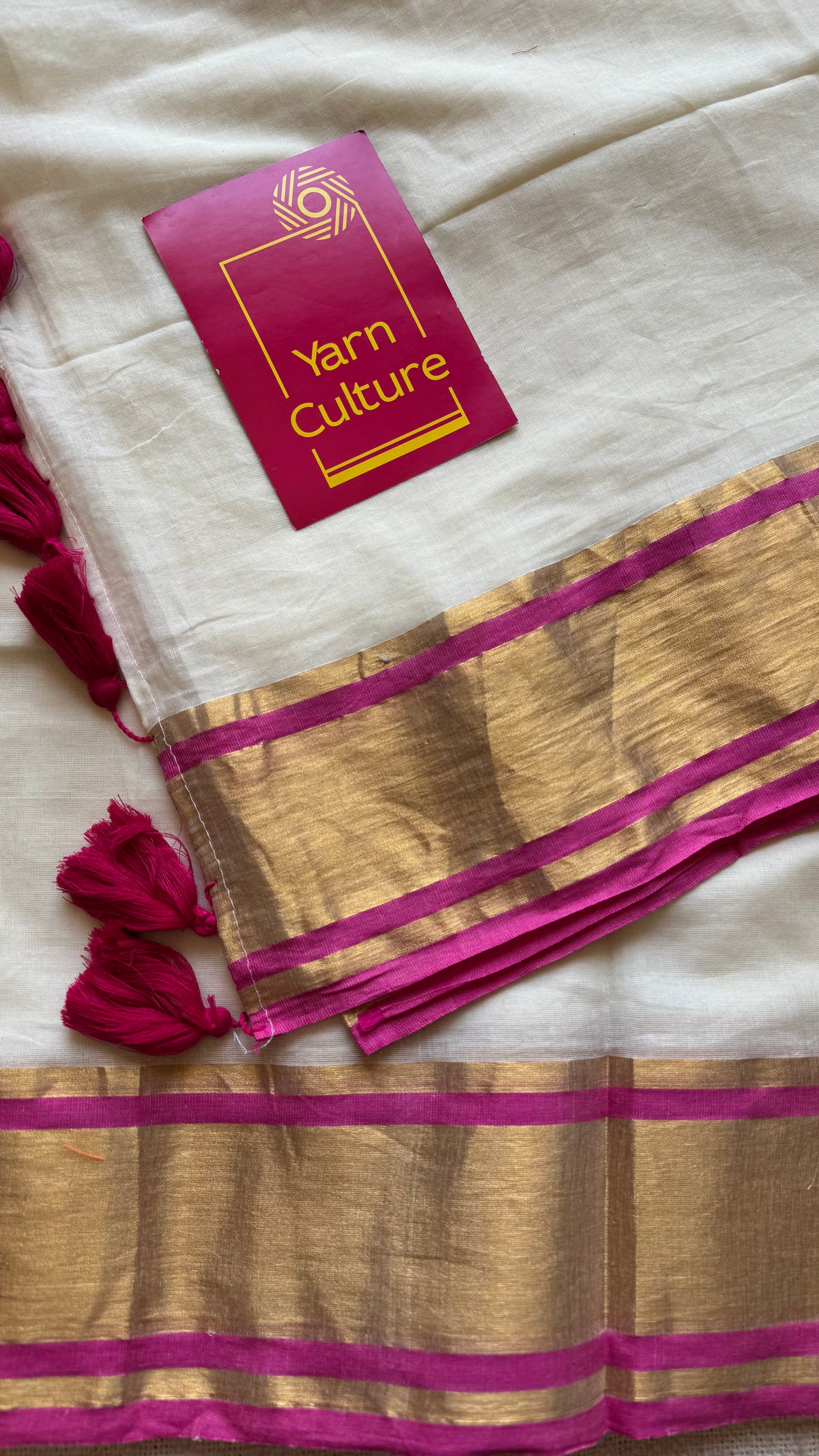 Ivory mul saree with gold zari border with hot pink highlights - YCIEBCFE326