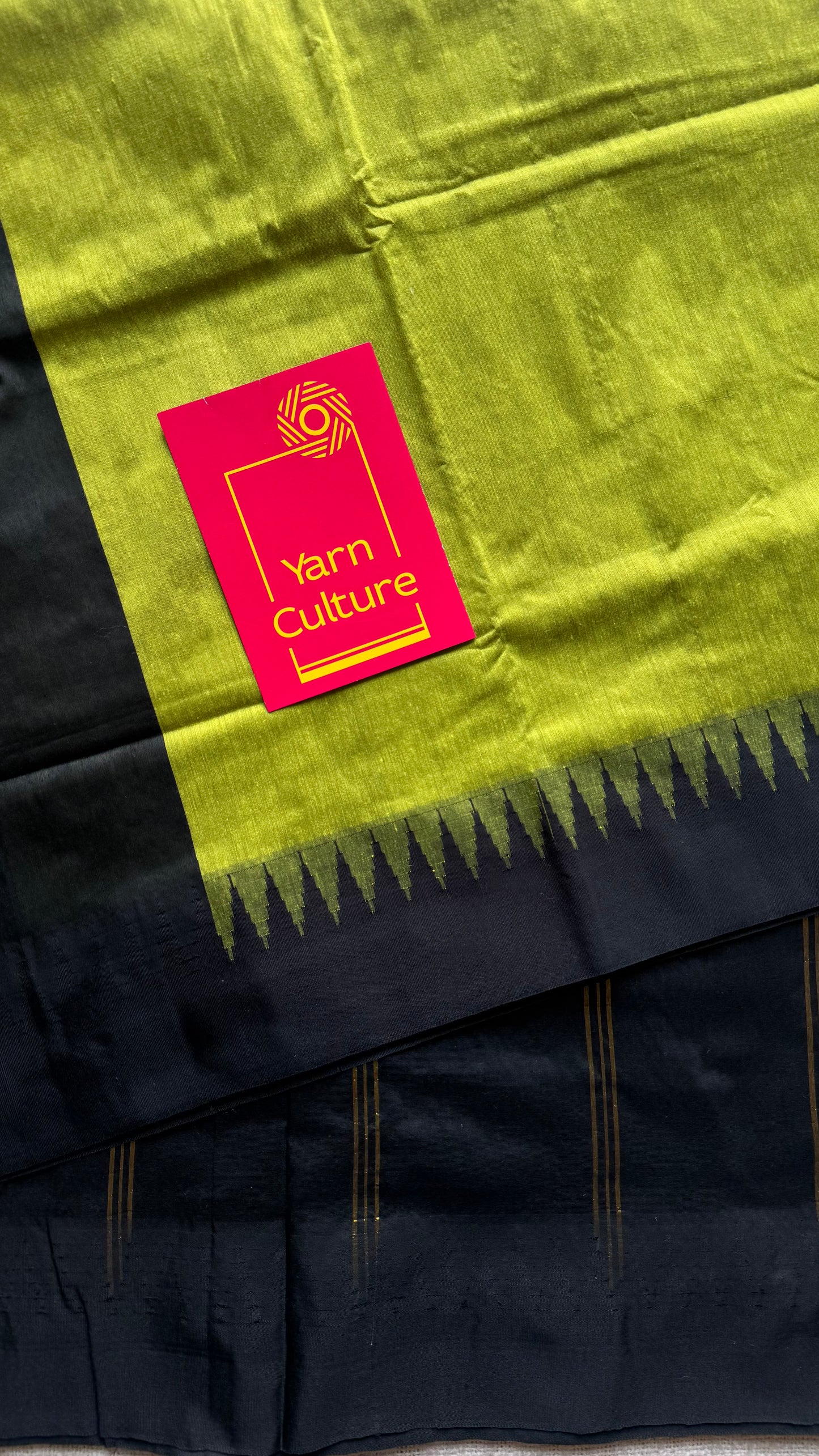 Lime green with black contrast, temple border saree, cotton silk - YCCOTNTBFE60