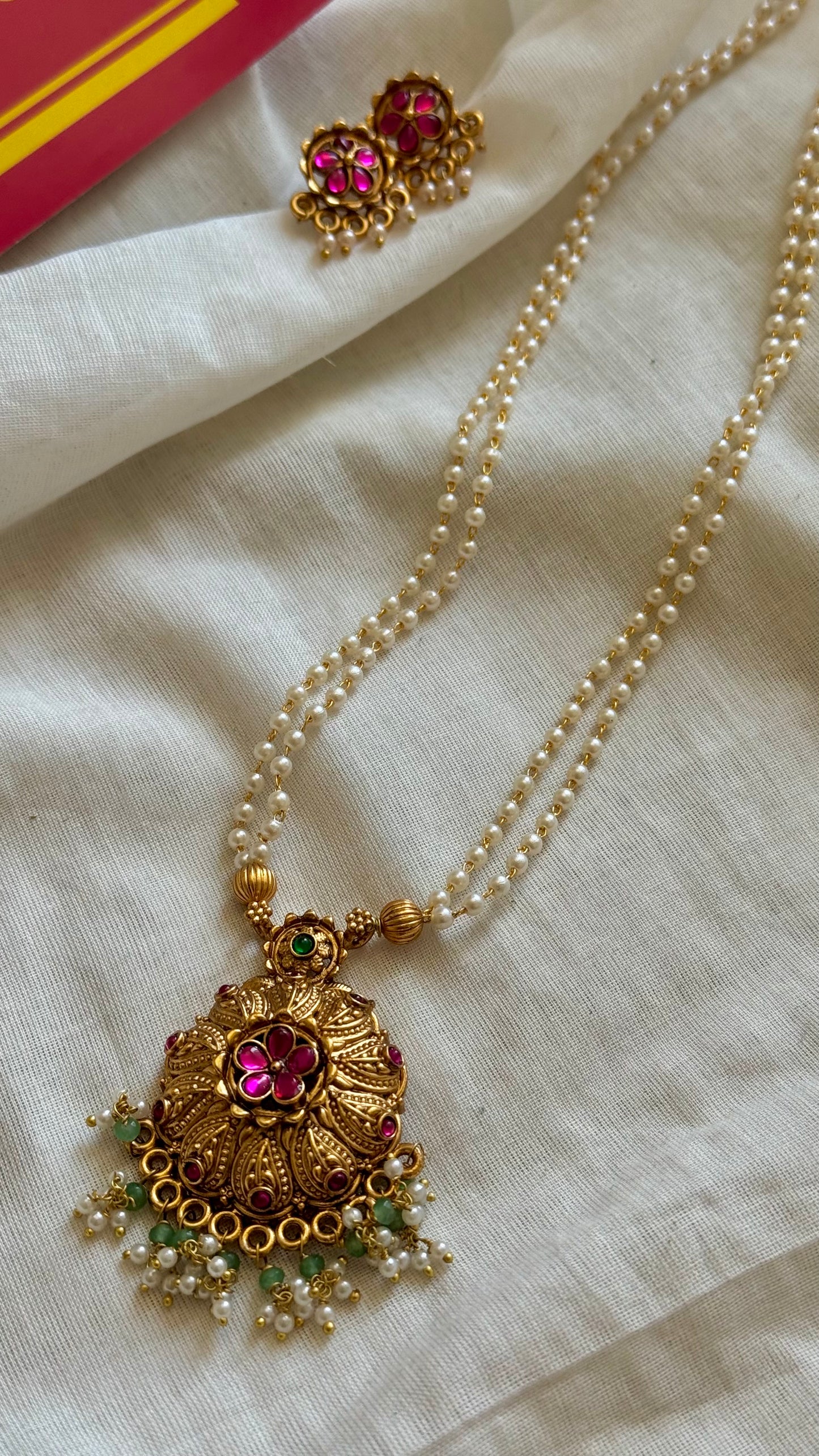 Floral ruby green pendant pearl chain neckpiece with earrings - YCGPNP667